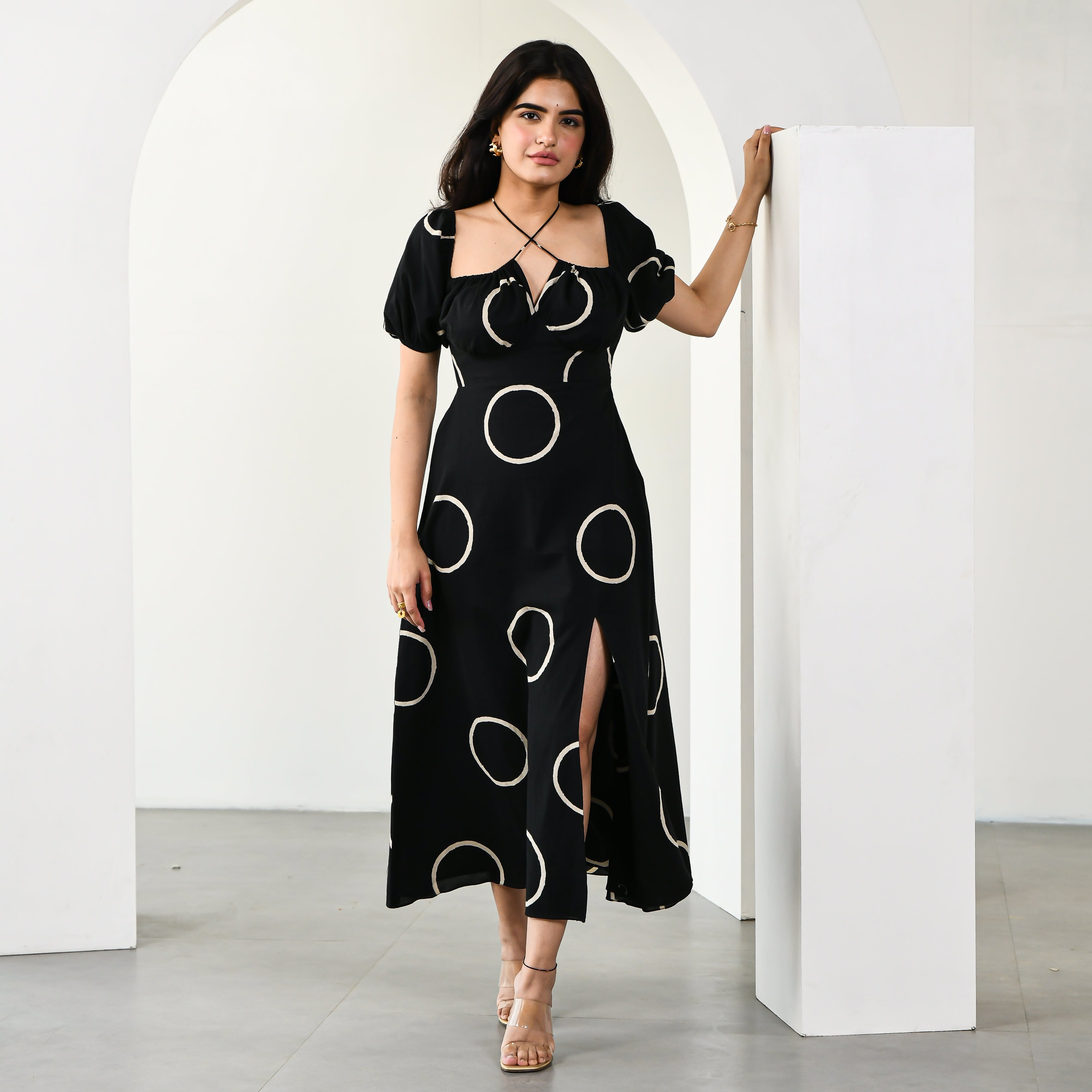 Minnie Designer Black Cotton Polka Dot Midi Dress For Women Online