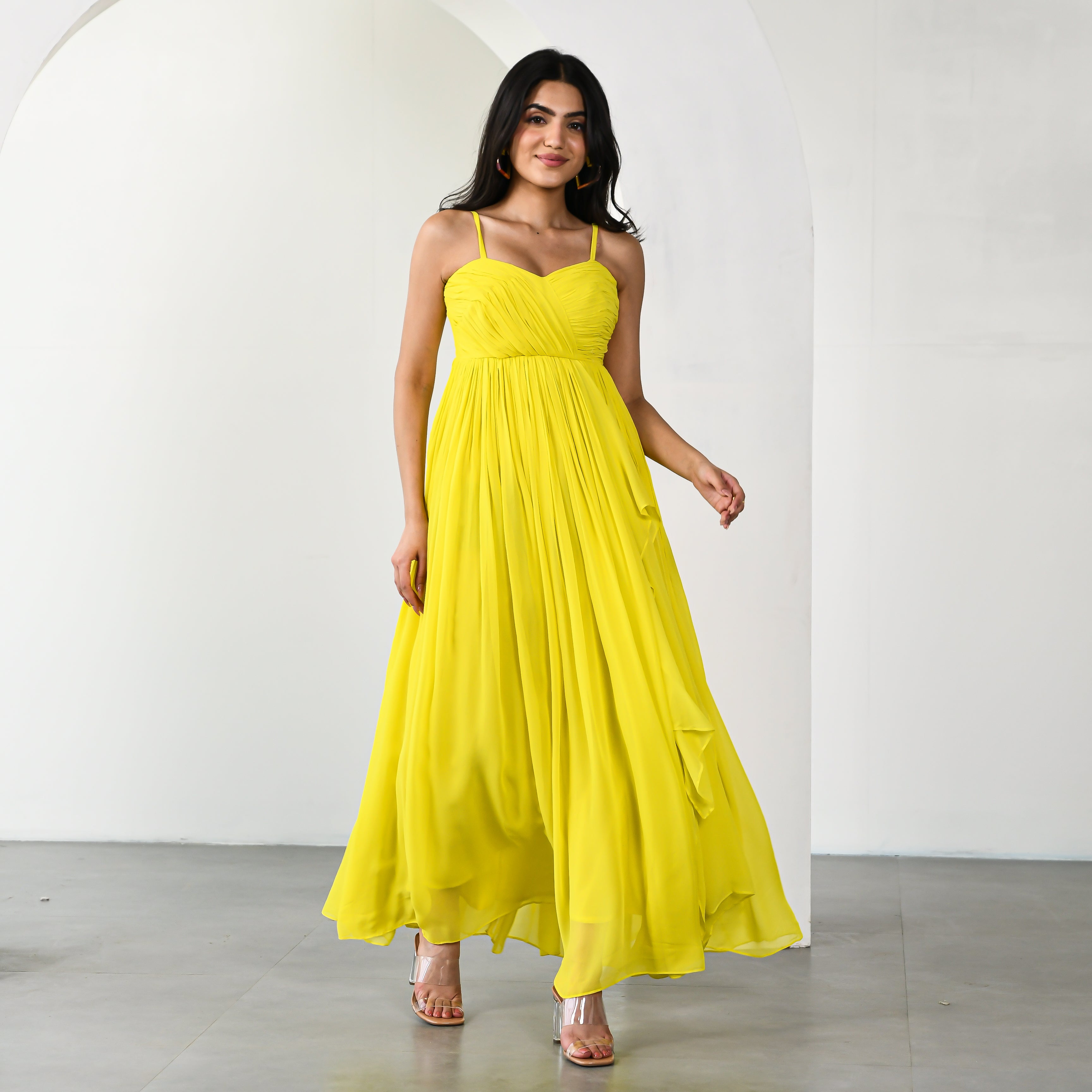 Daffodil Dream Georgette Yellow Long Dress For Women Online