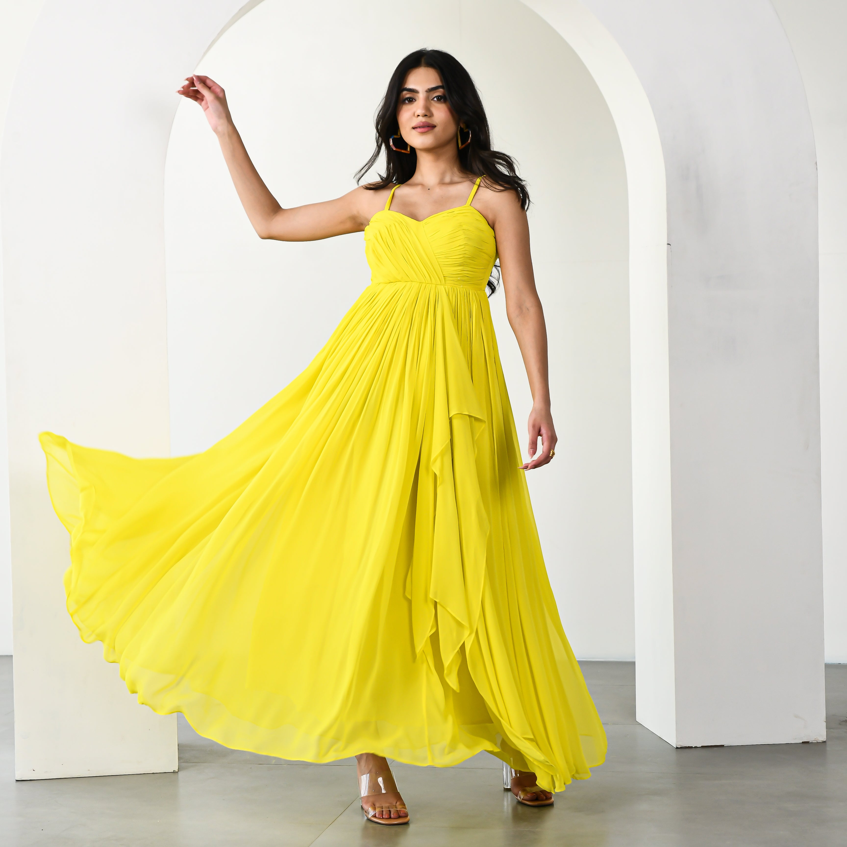 Daffodil Dream Georgette Yellow Long Dress For Women Online
