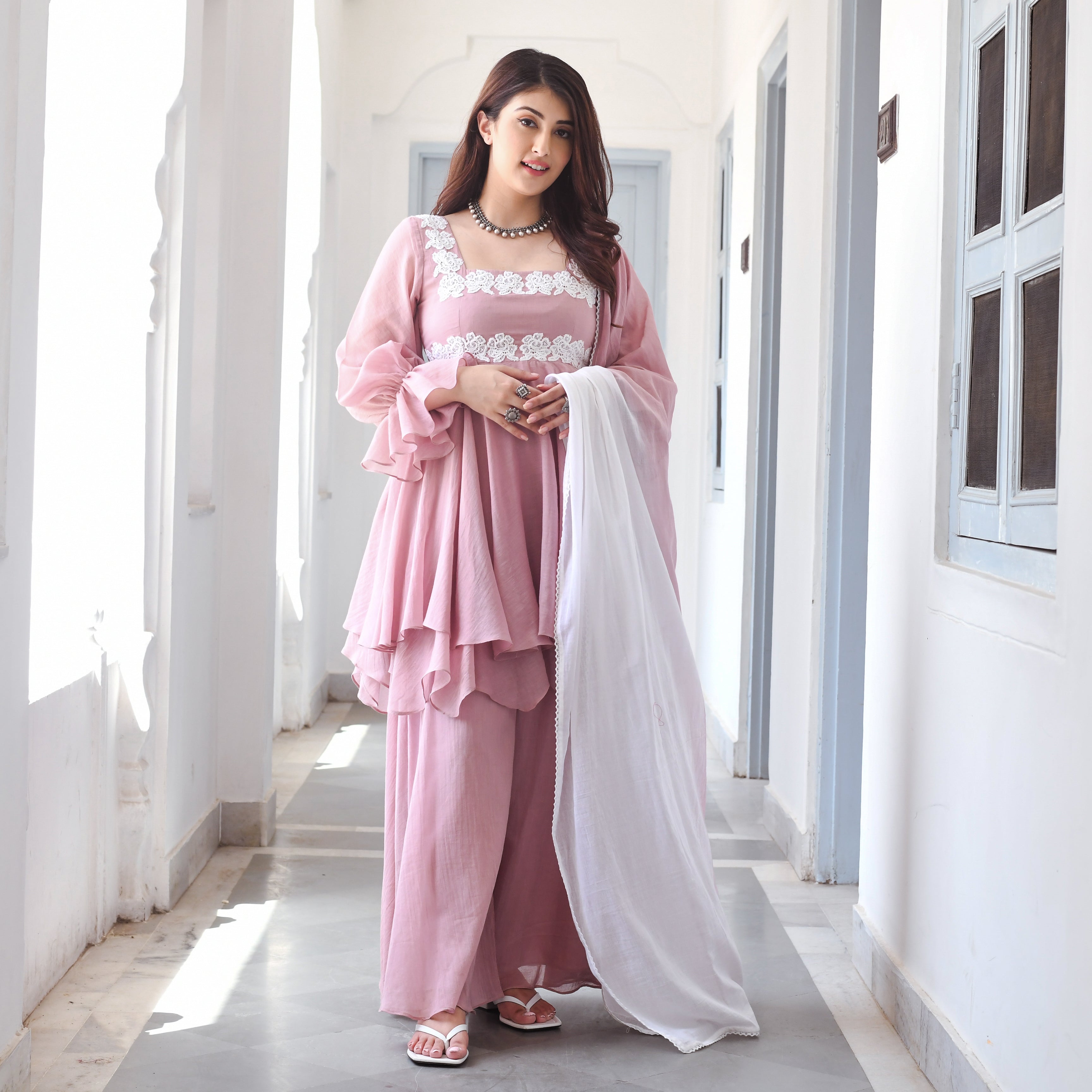 Old rose mulmul flare suit set with dupatta- set of three by Raasleela |  The Secret Label