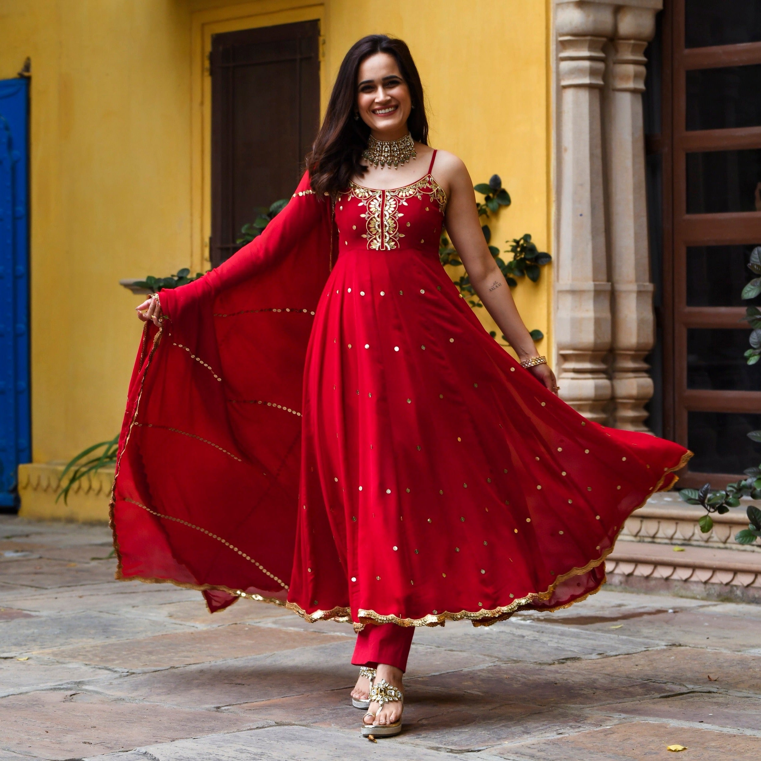 Buy beautiful Red Nyra Suit Set in soft fabric with delicate work and  prints, paired with matching afghani pants and dupatta. BRAND - J A S (3XL)  at Amazon.in