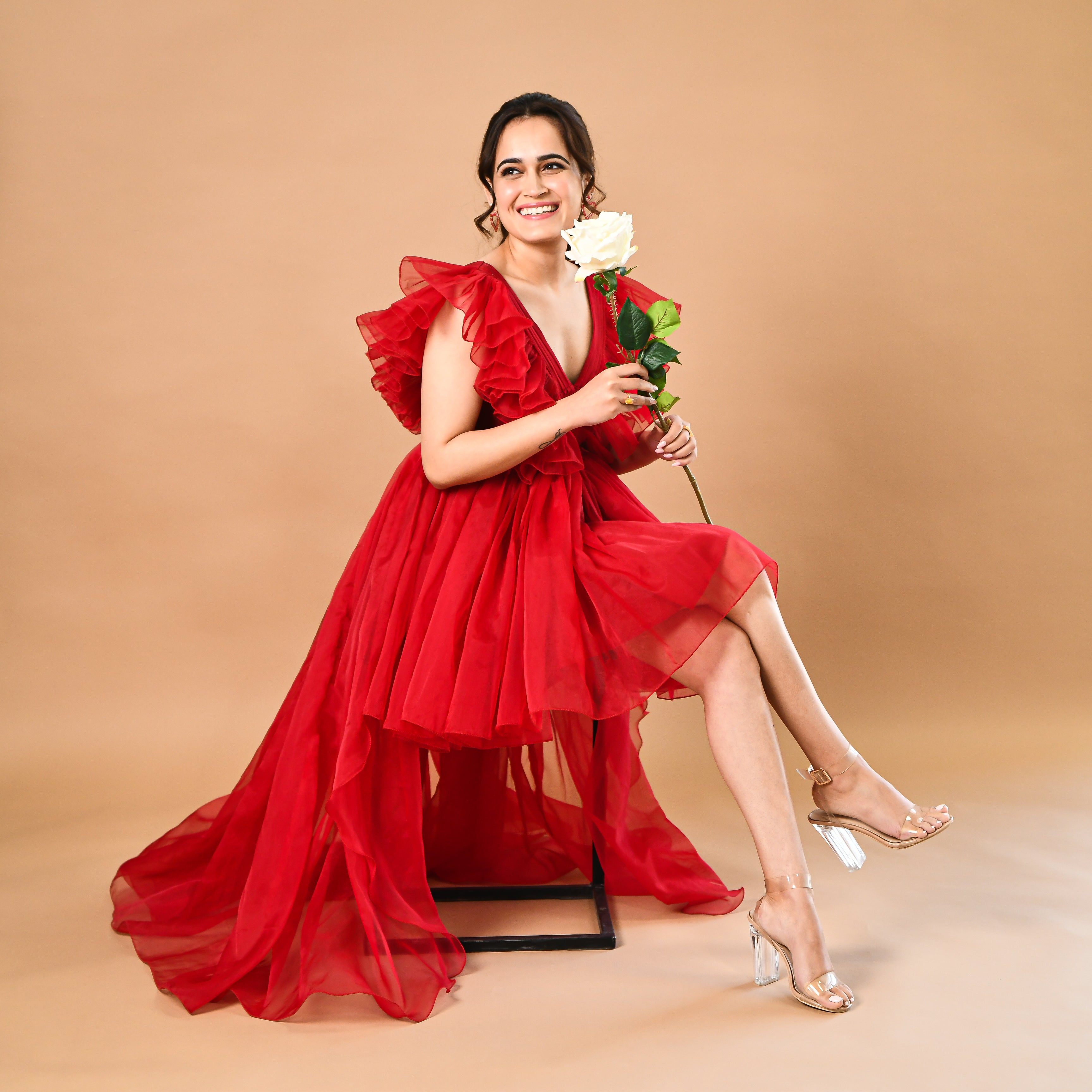 Fairytale V Neck Red Organza Dress For Women Online