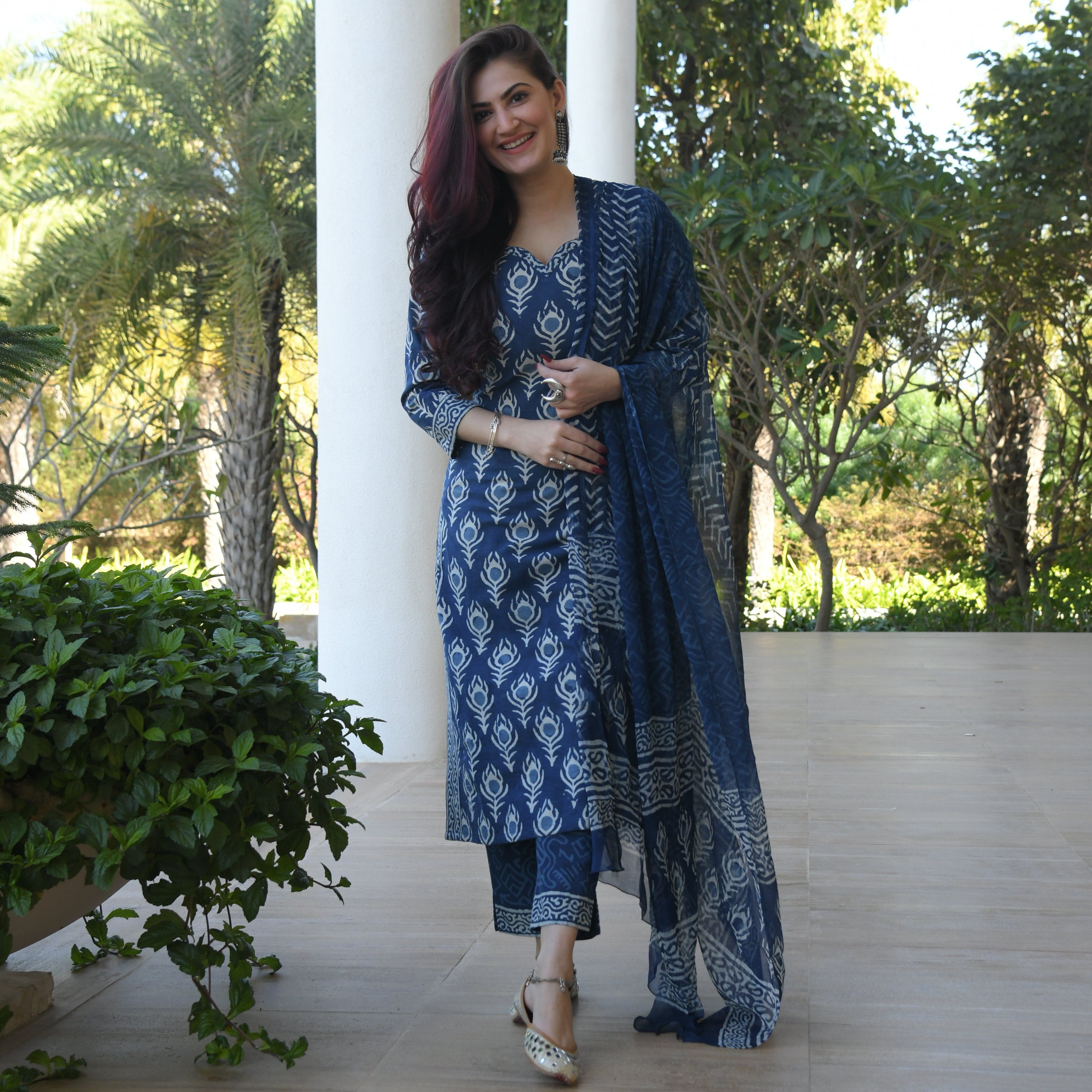 Indigo Wing Blue Traditional Cotton Suit Set For Women Online