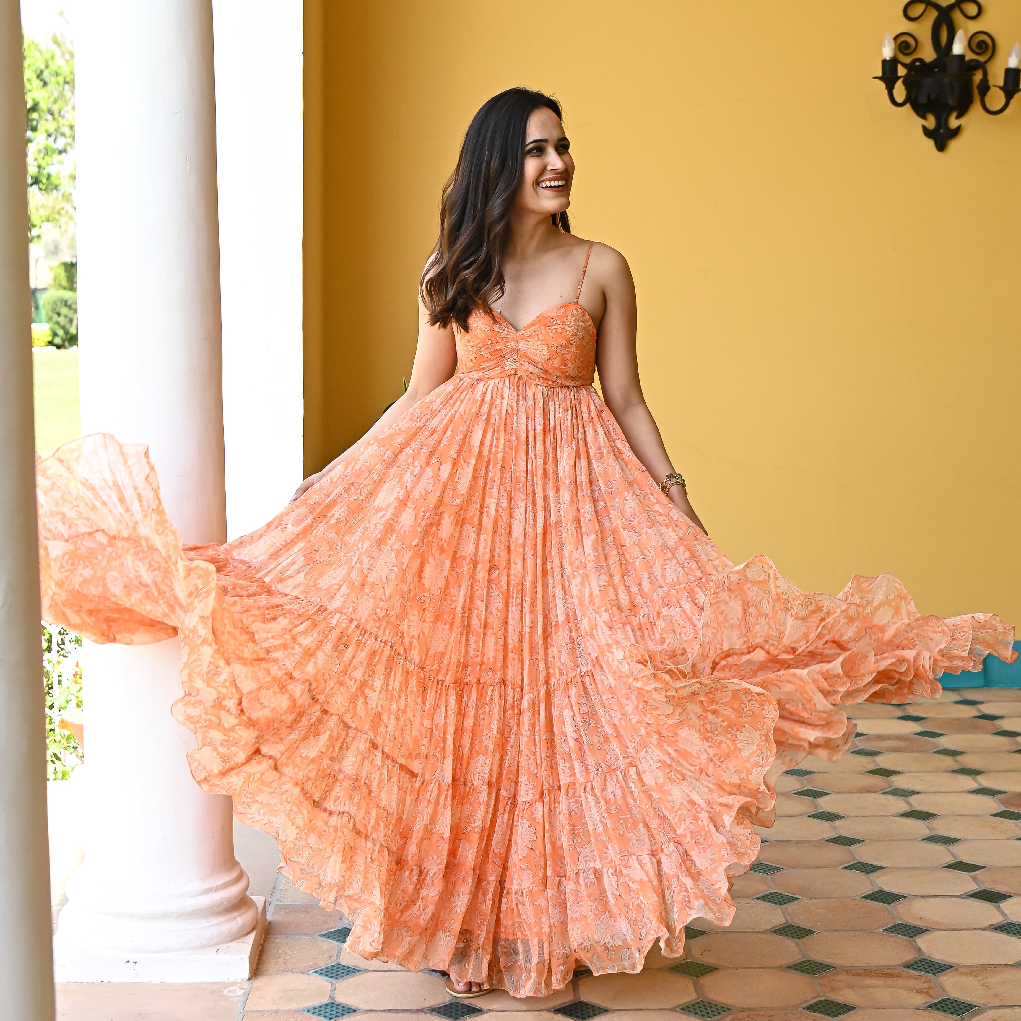 Orange floral sleeveless maxi dress 