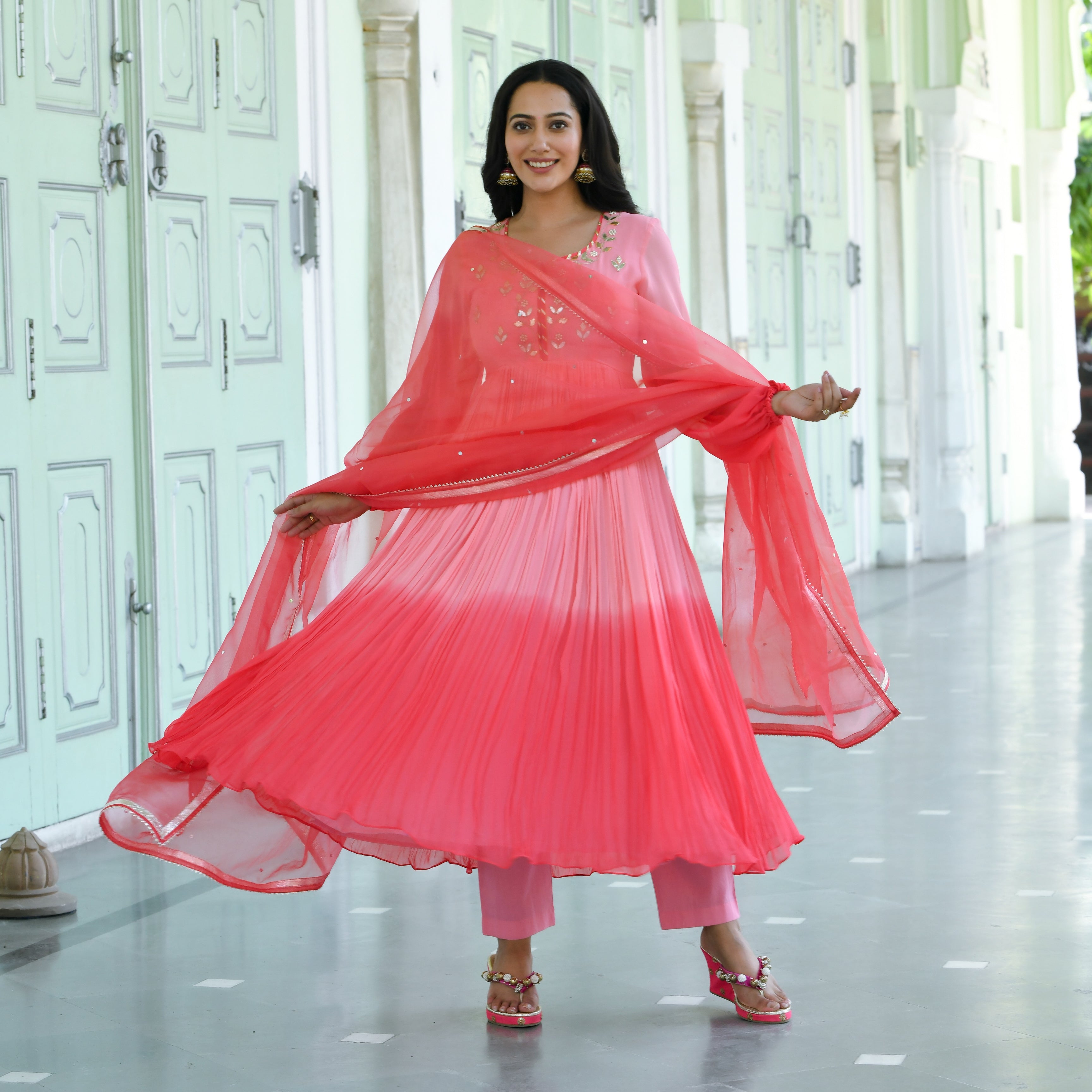 Pink Double Shaded Anarkali Suit Set
