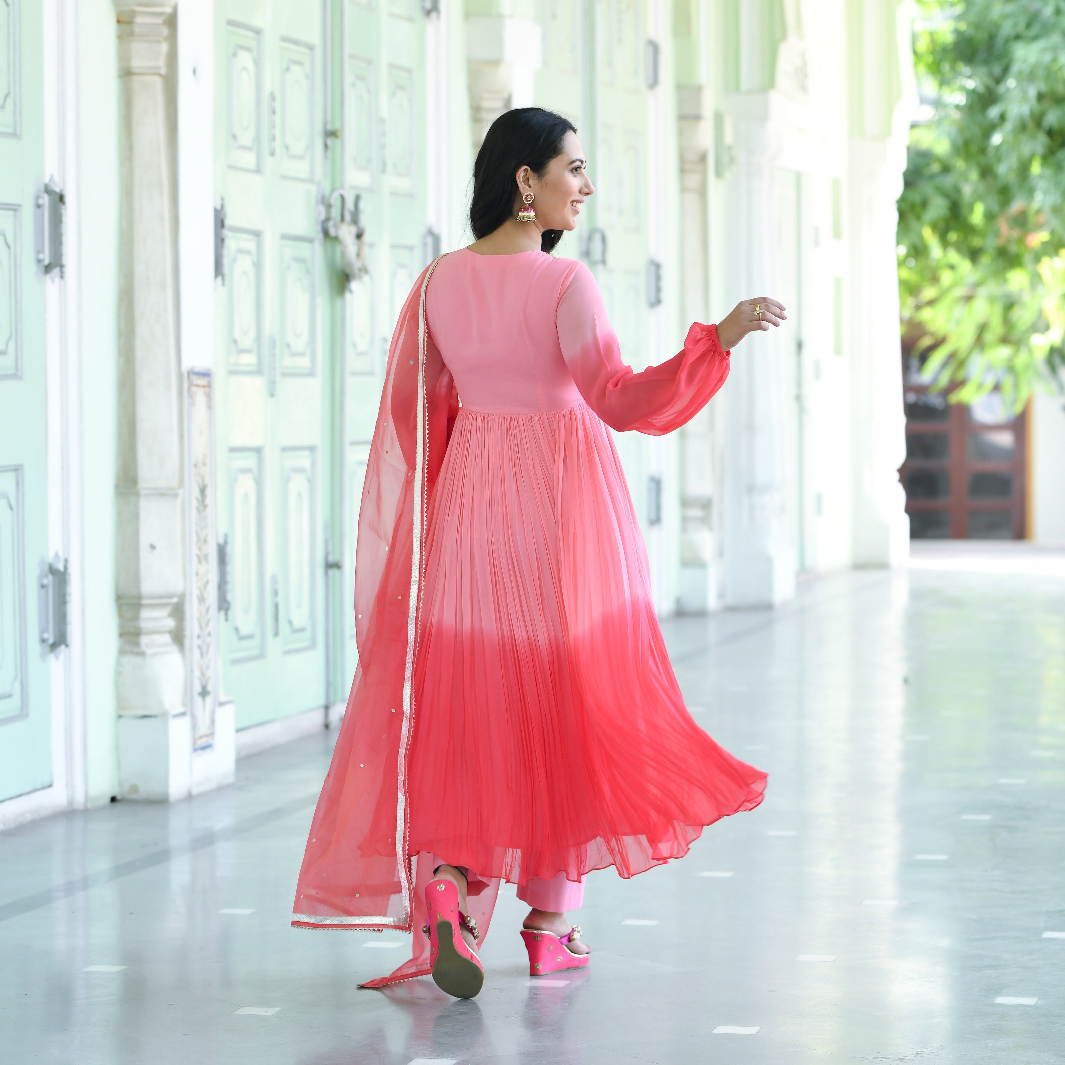 Pink Double Shaded Anarkali Suit Set