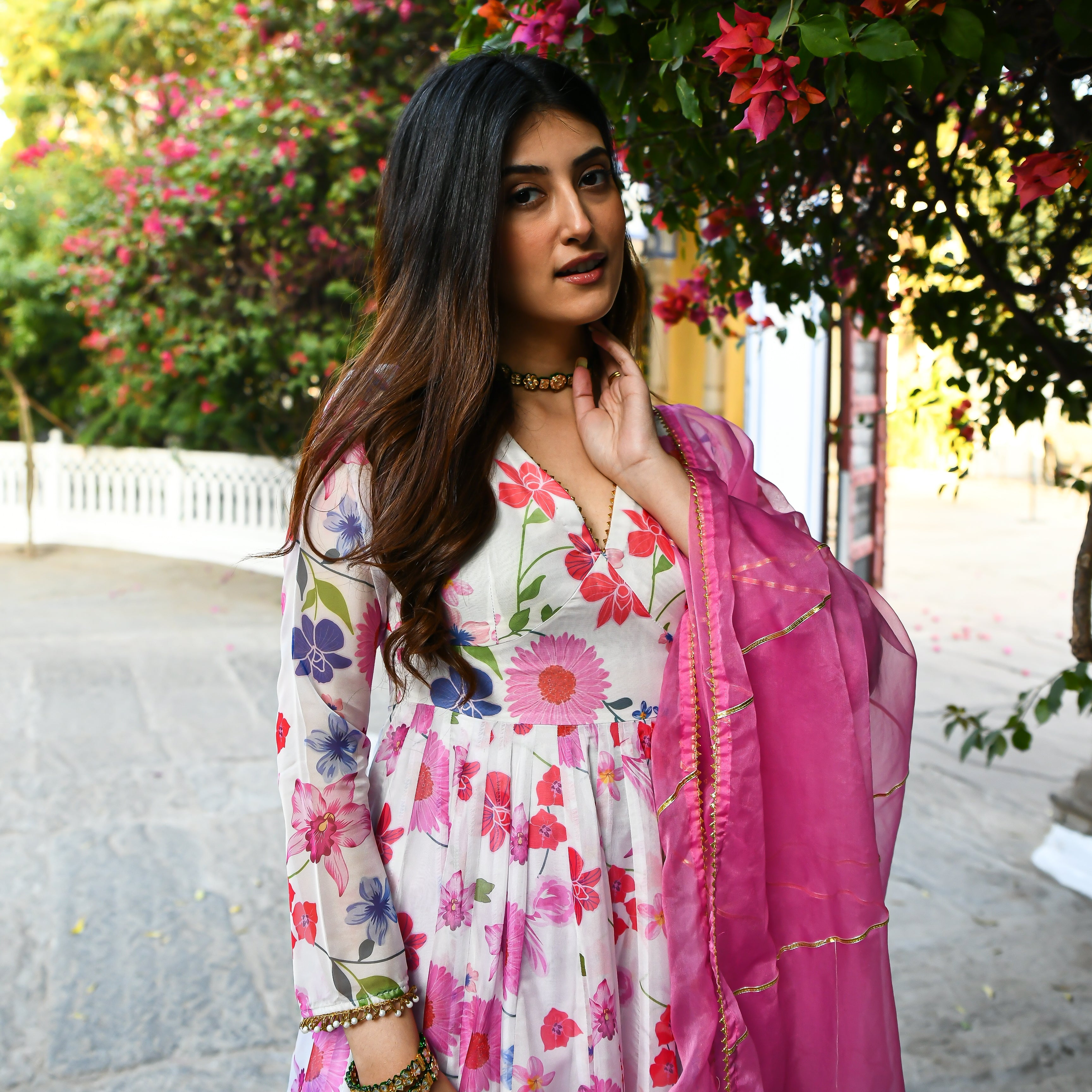 White Pink Floral Anarkali Suit Set for Women Online