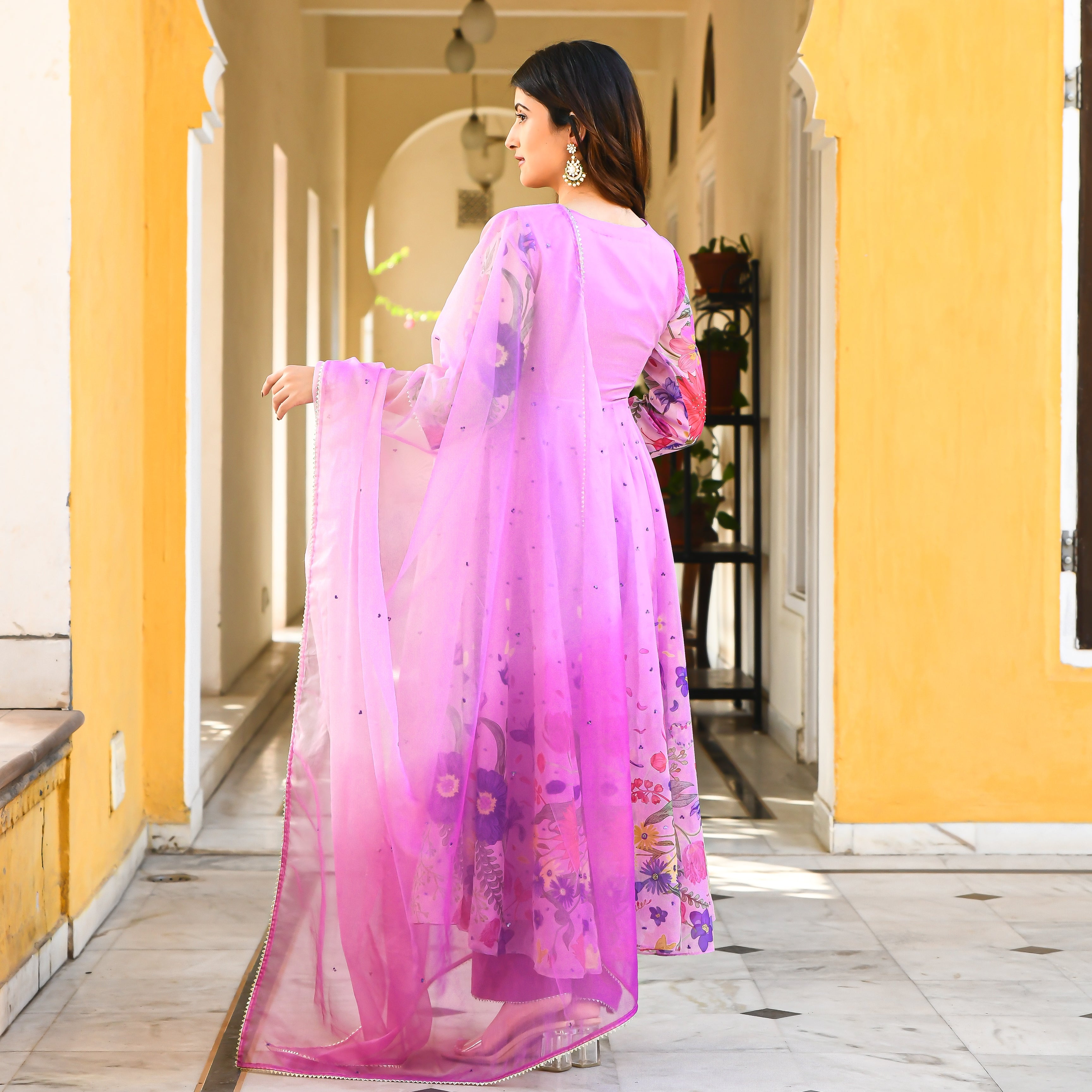Pink Printed Floral Anarkali Suit Set for Women Online