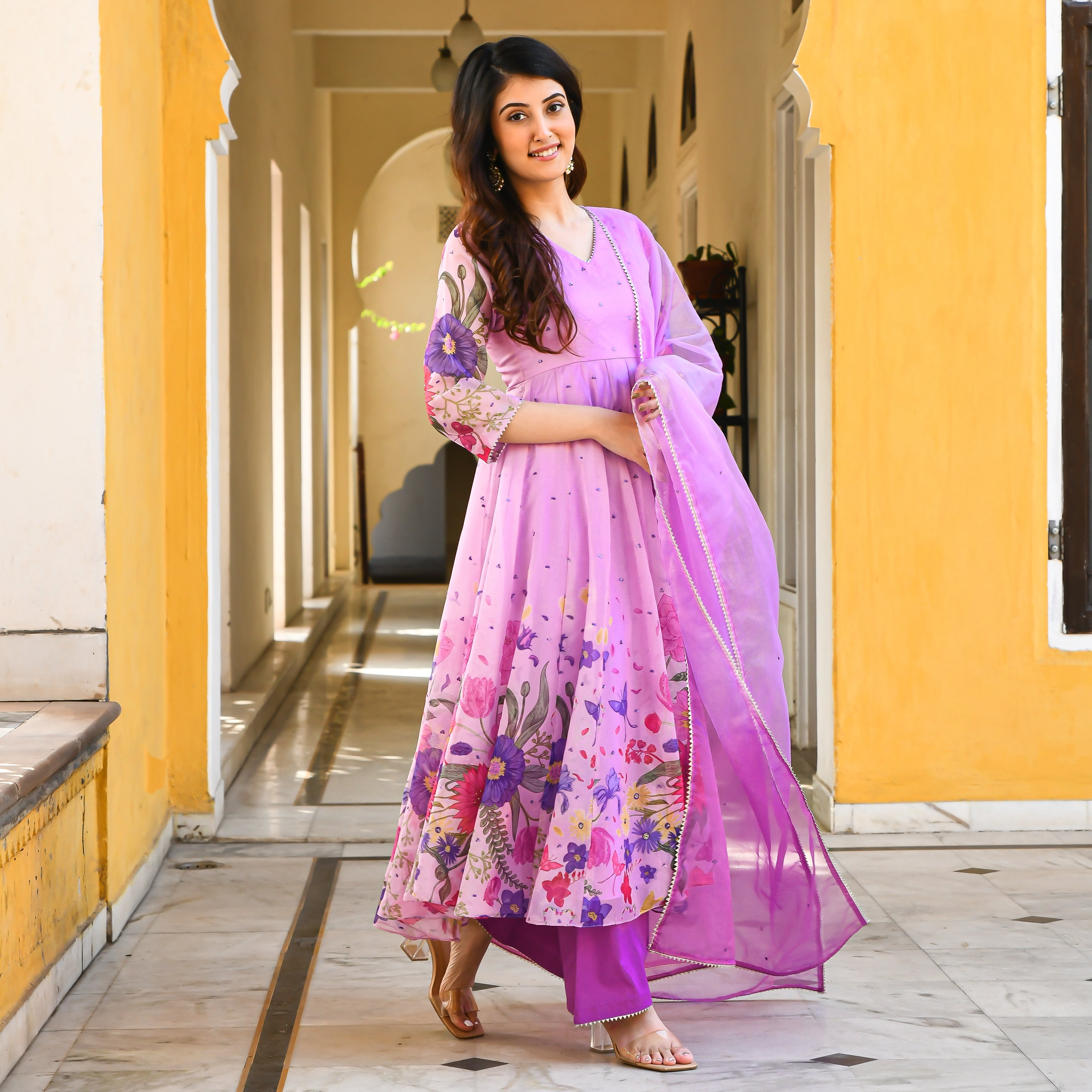 Pink Printed Floral Anarkali Suit Set for Women Online