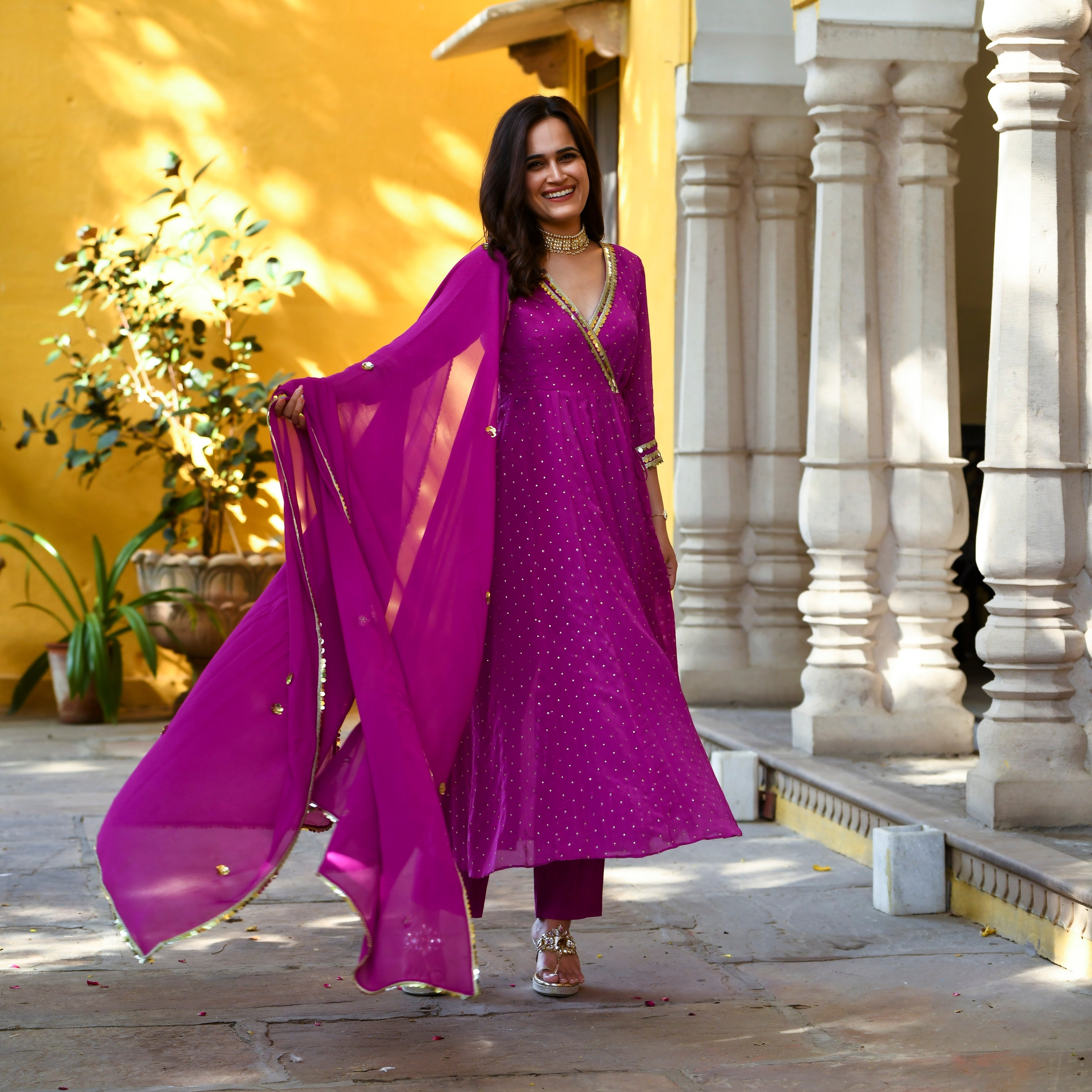Purple Mukaish work Angrakha Anarkali Suit Set 