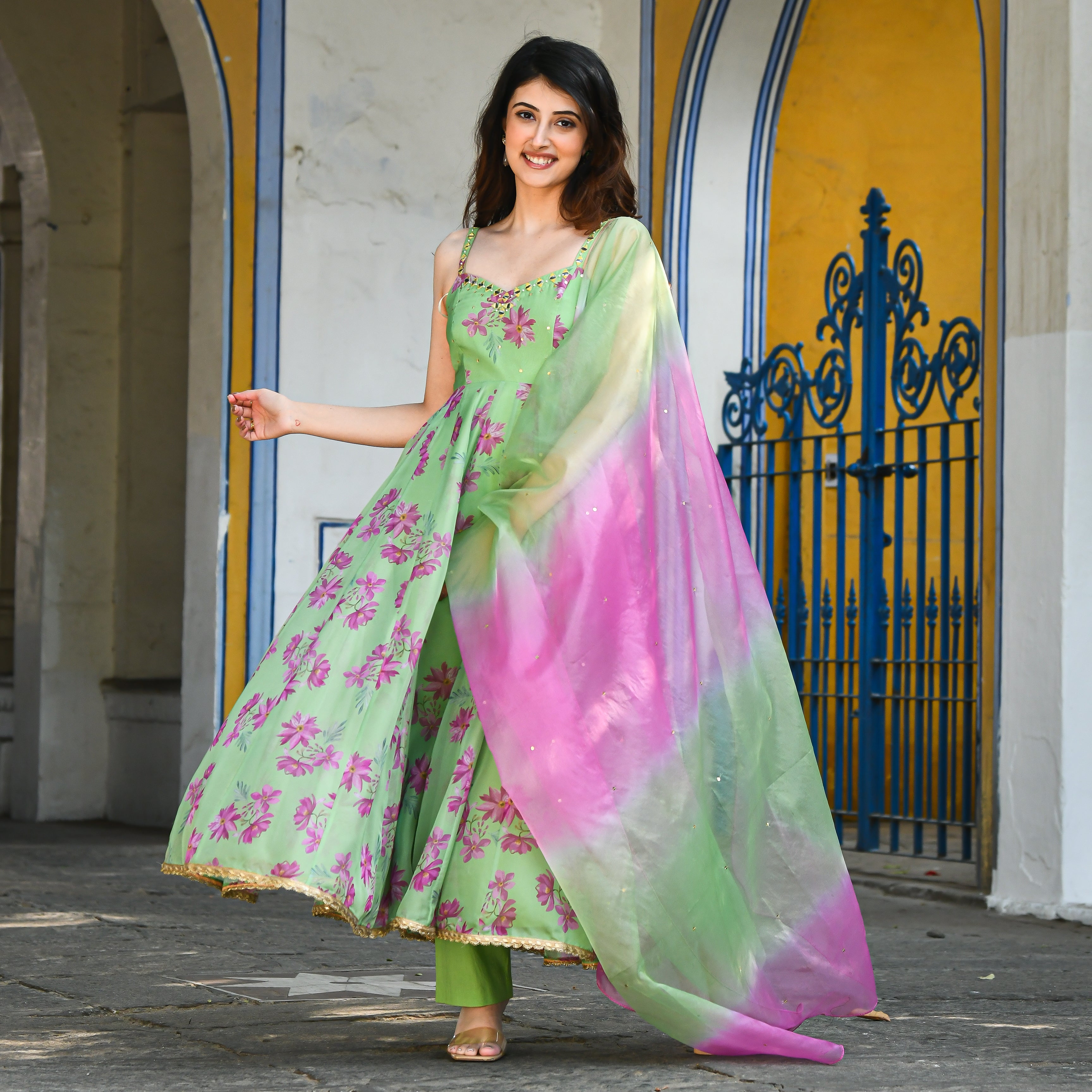 Green Pink Floral Anarkali Suit Set for Women Online