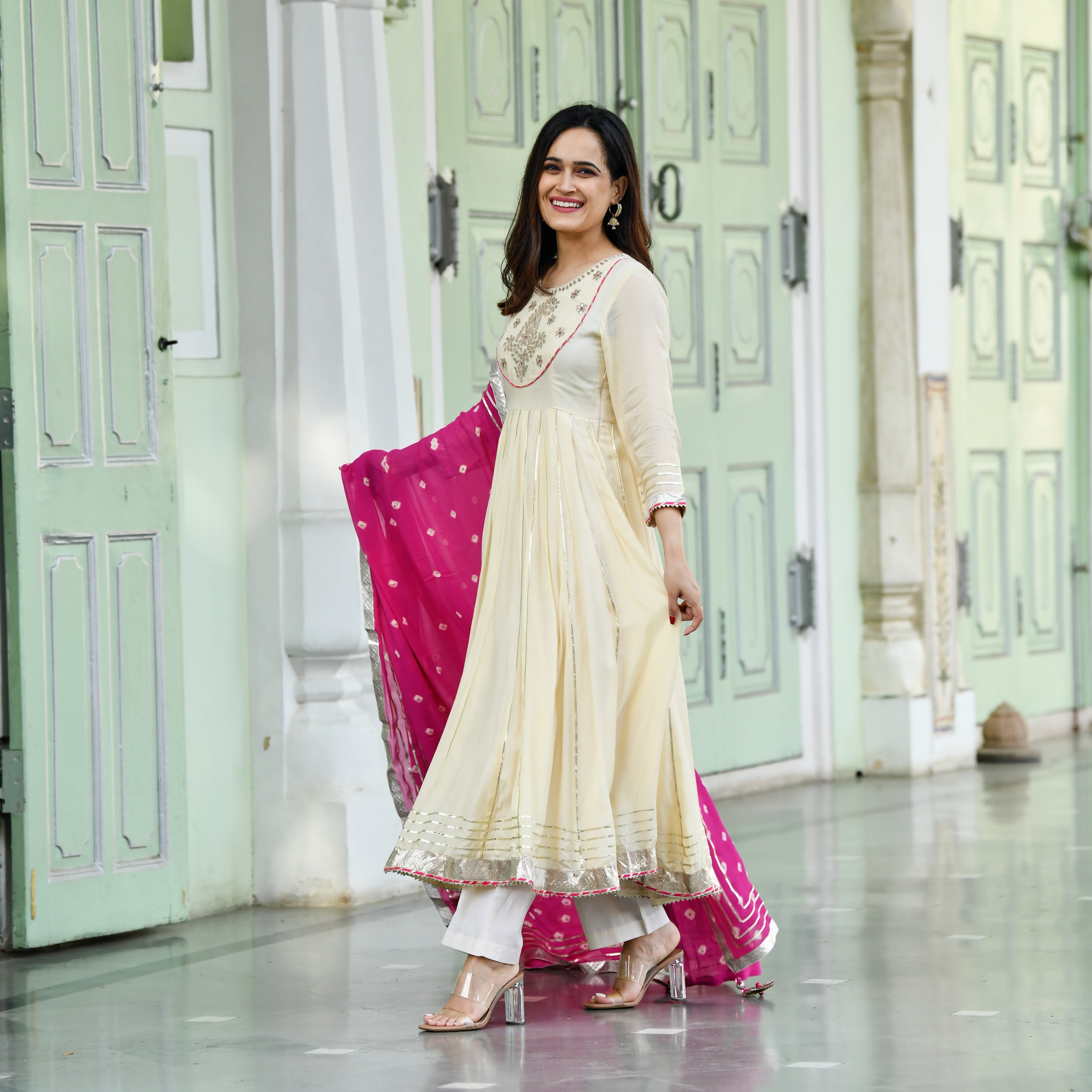 White and pink Anarkali suit set 