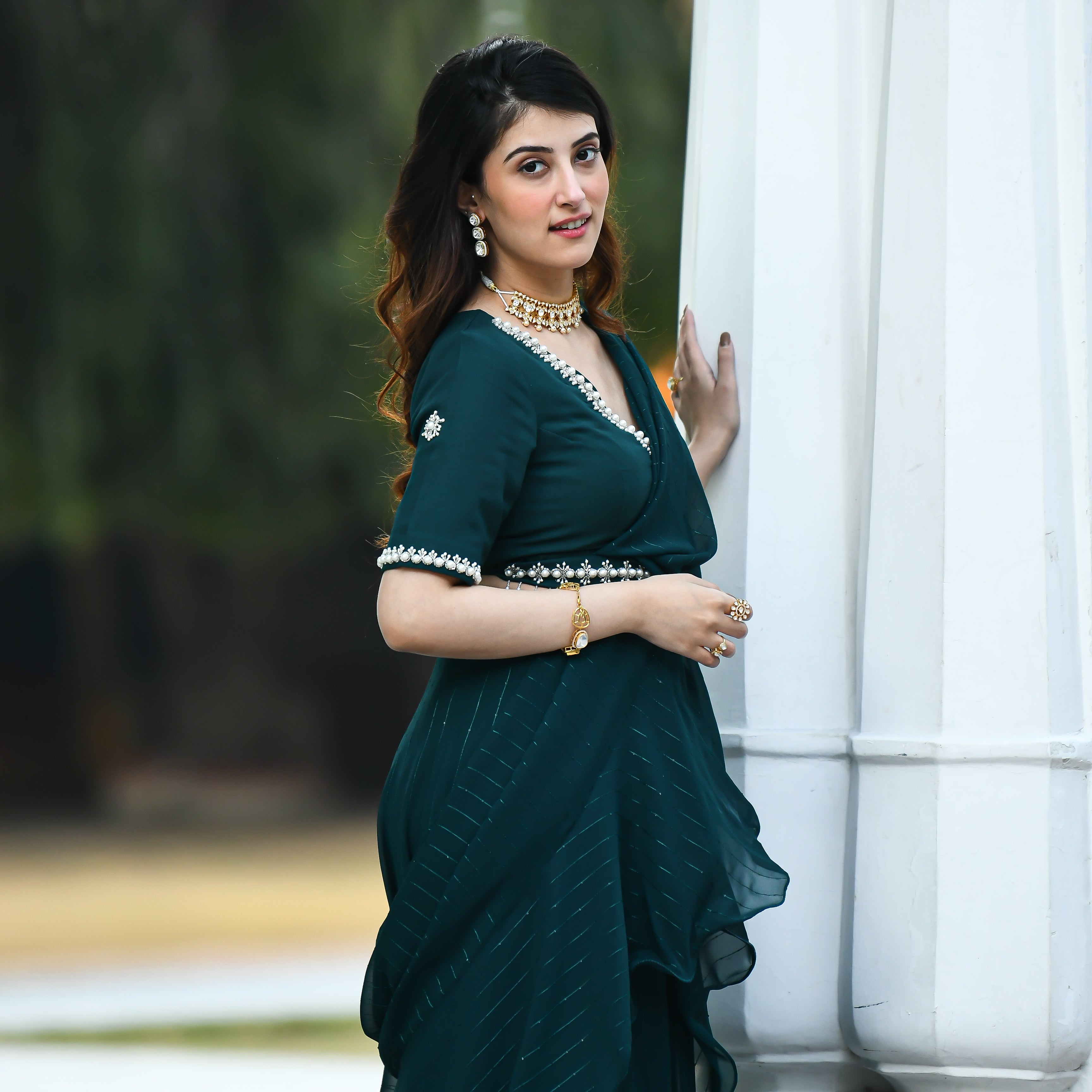 Teal Green Drape Saree for women online