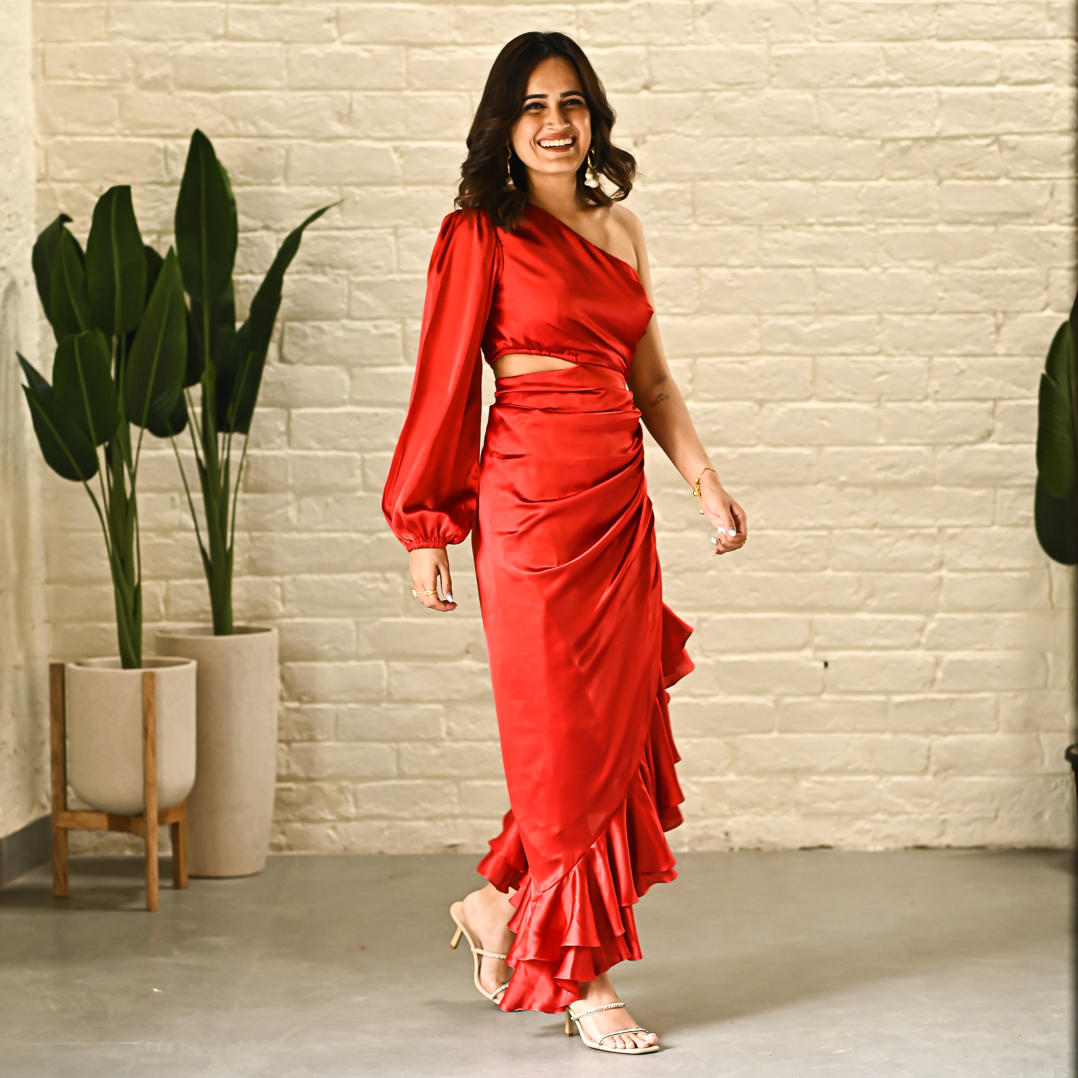 Eva Red Designer Satin One Shoulder Dress For Women Online