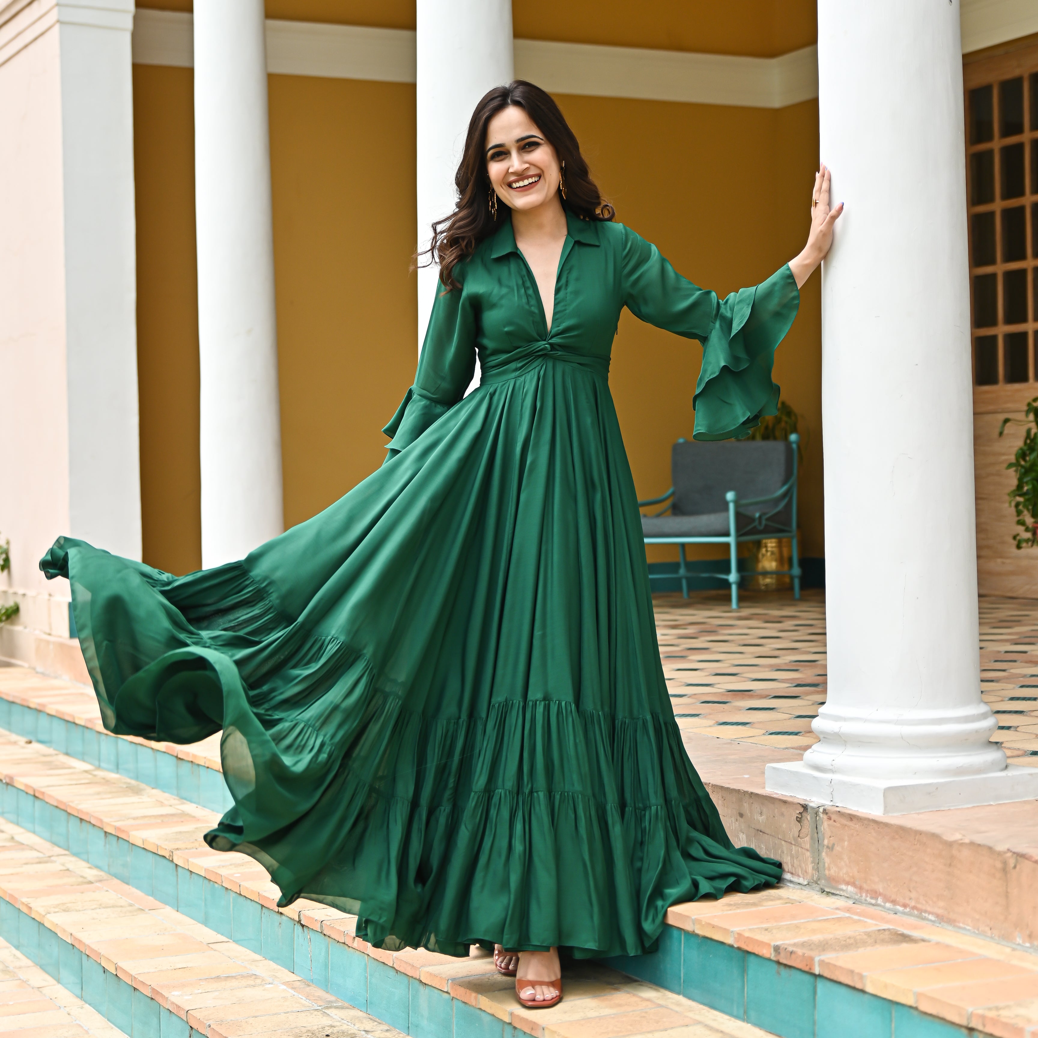 Evergreen Green Designer Full Sleeve Long Dress For Women Online