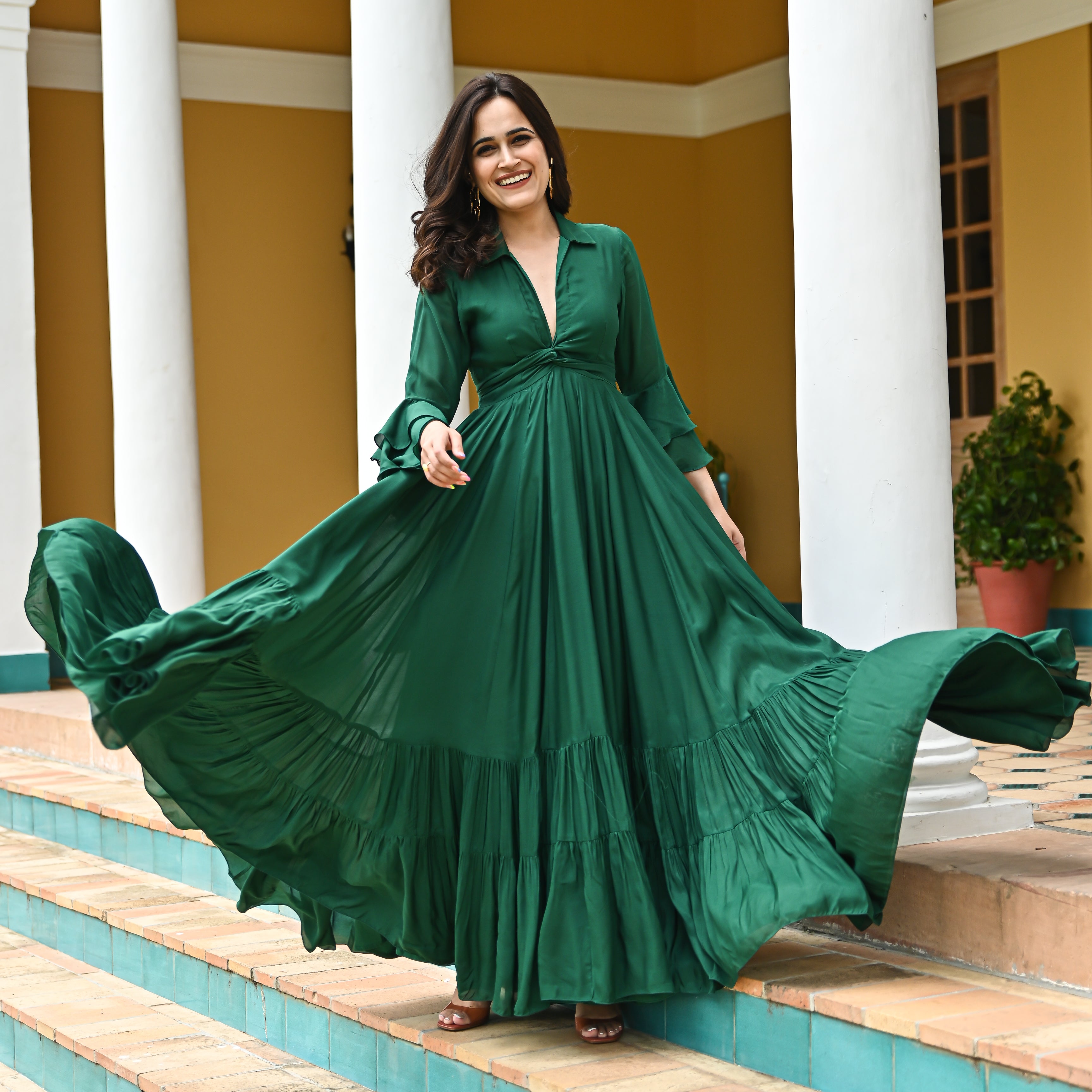 Evergreen Green Designer Full Sleeve Long Dress For Women Online