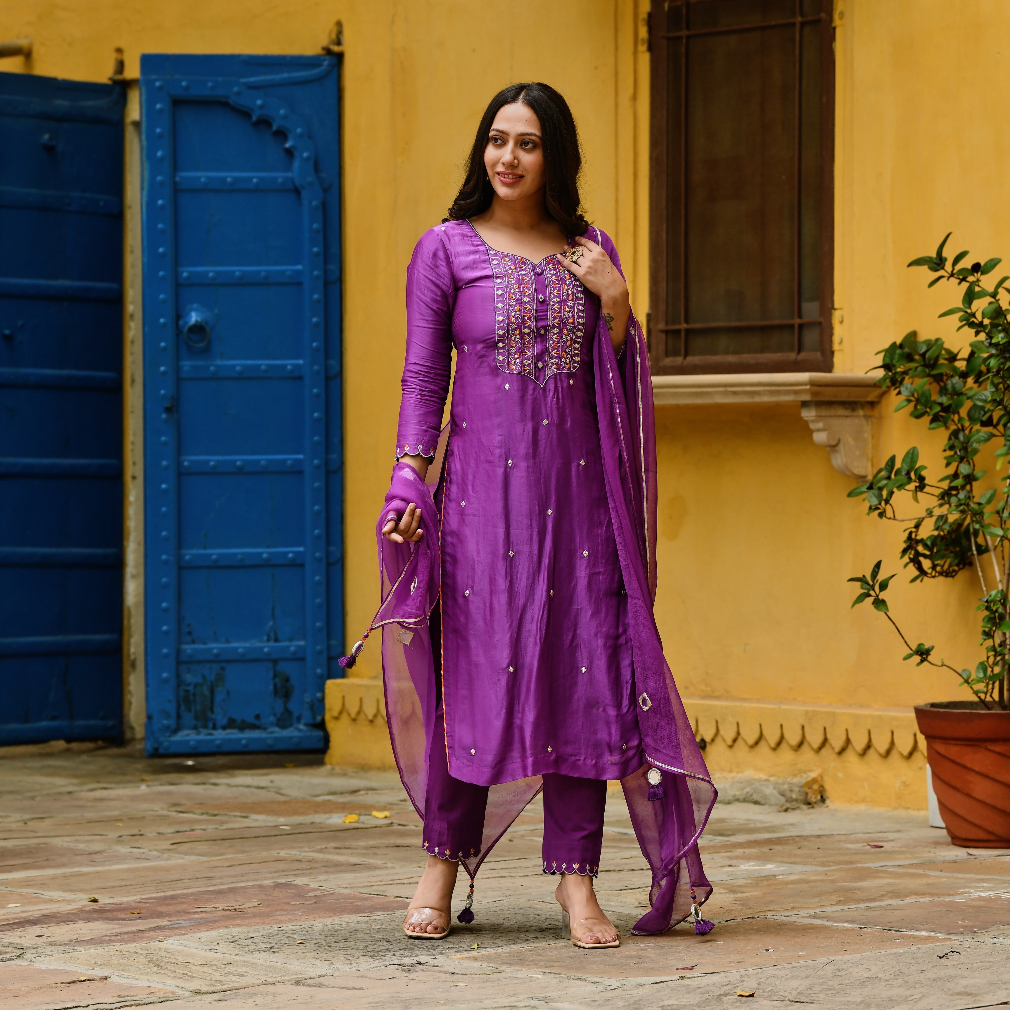 Purple Straight Suit Set for Women Online
