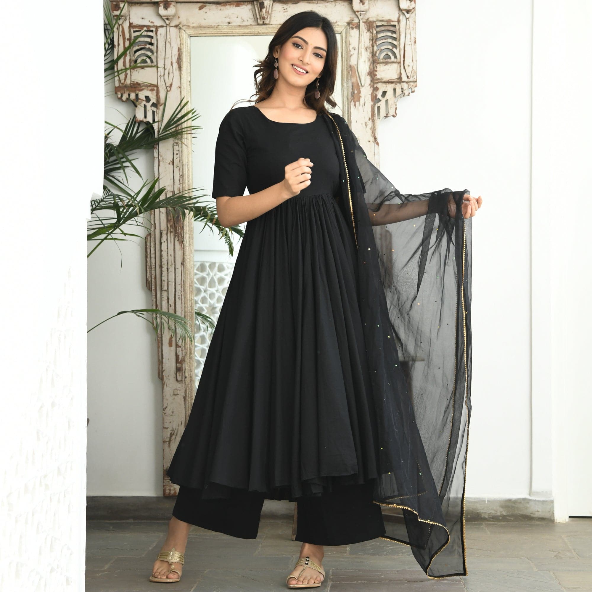 Buy Modyaa Cotton Solid Black Anarkali Kurta and Palazzo with Dupatta set  for Women (Medium) at Amazon.in