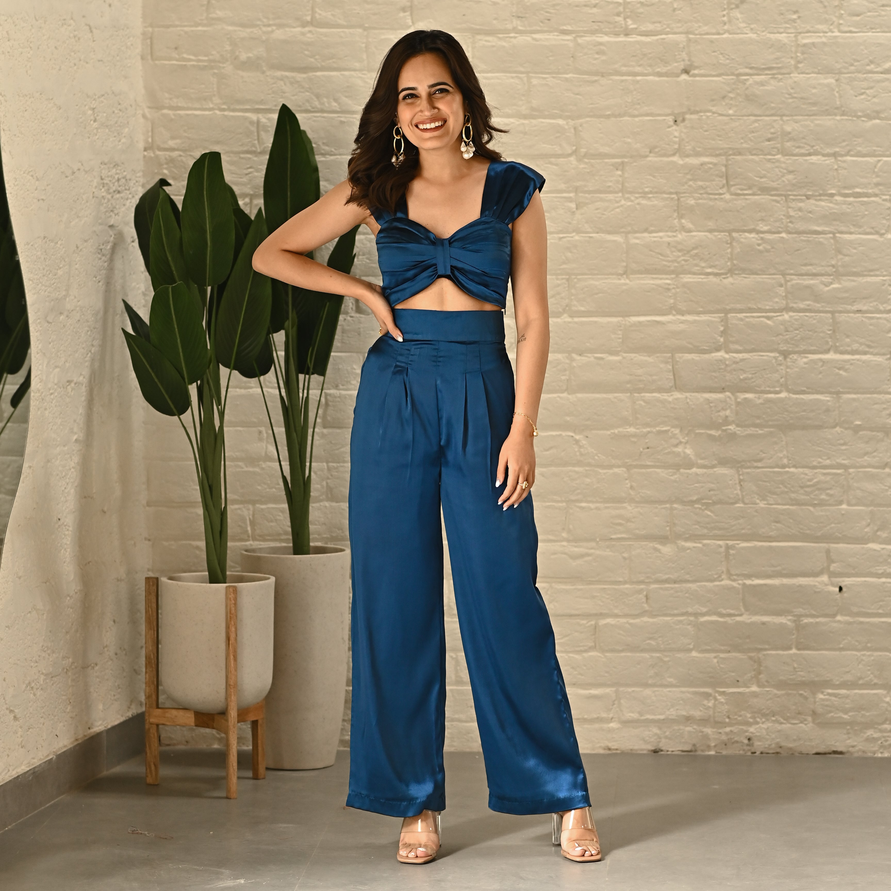 Electric Blue Designer Satin Co-Ord Set For Women Online