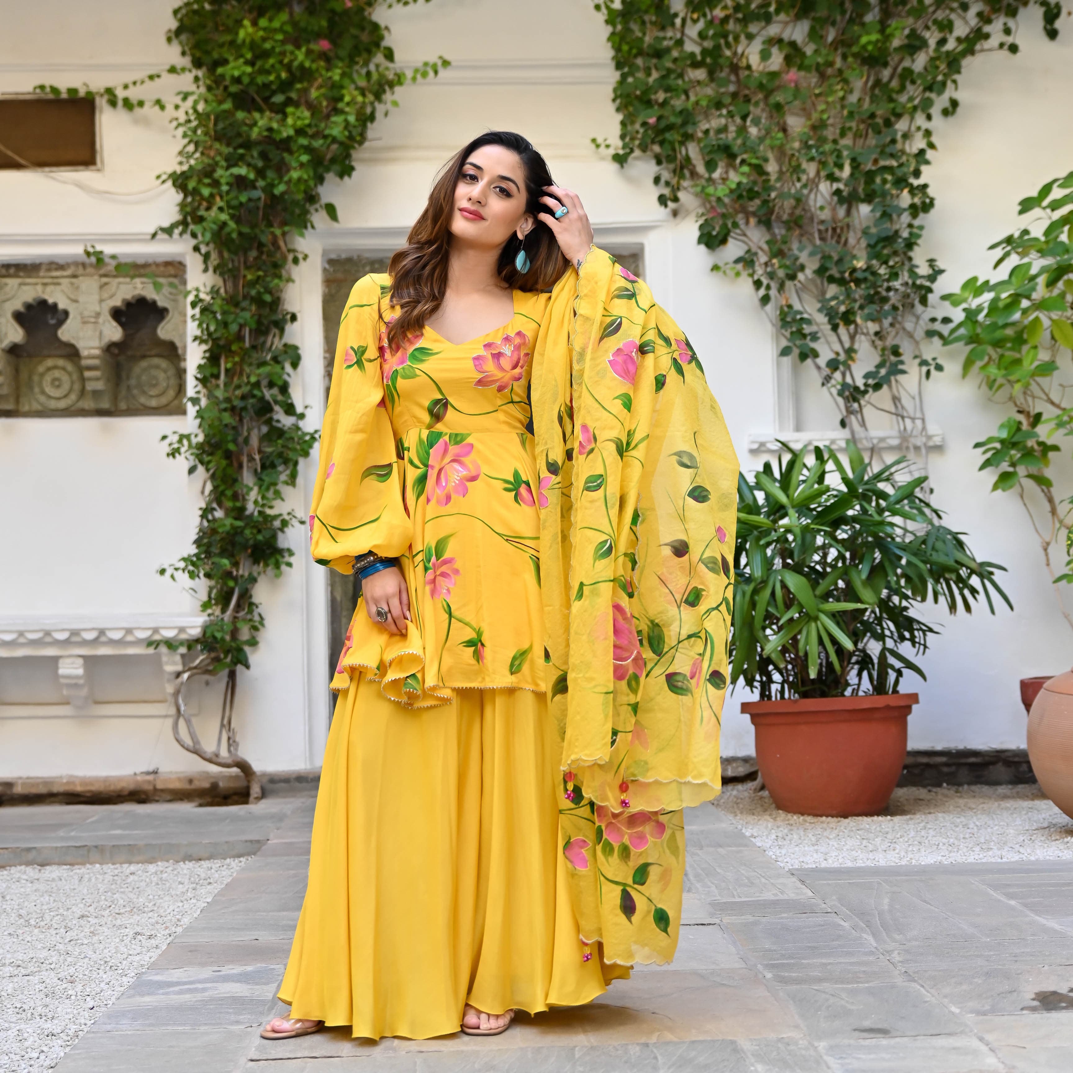  Ela Yellow Floral  Handpainted Cotton Silk Suit Set For Women Online