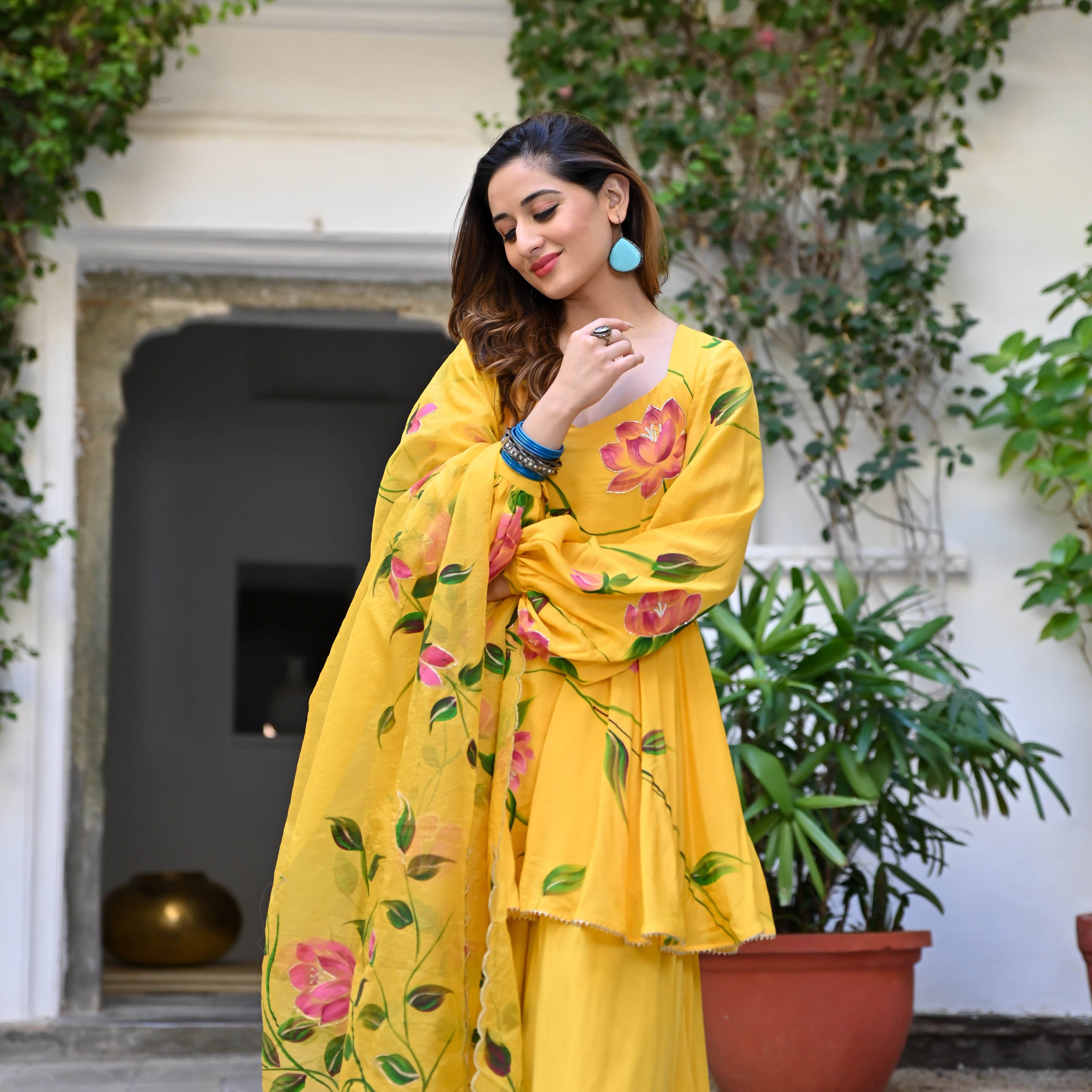  Ela Yellow Floral  Handpainted Cotton Silk Suit Set For Women Online