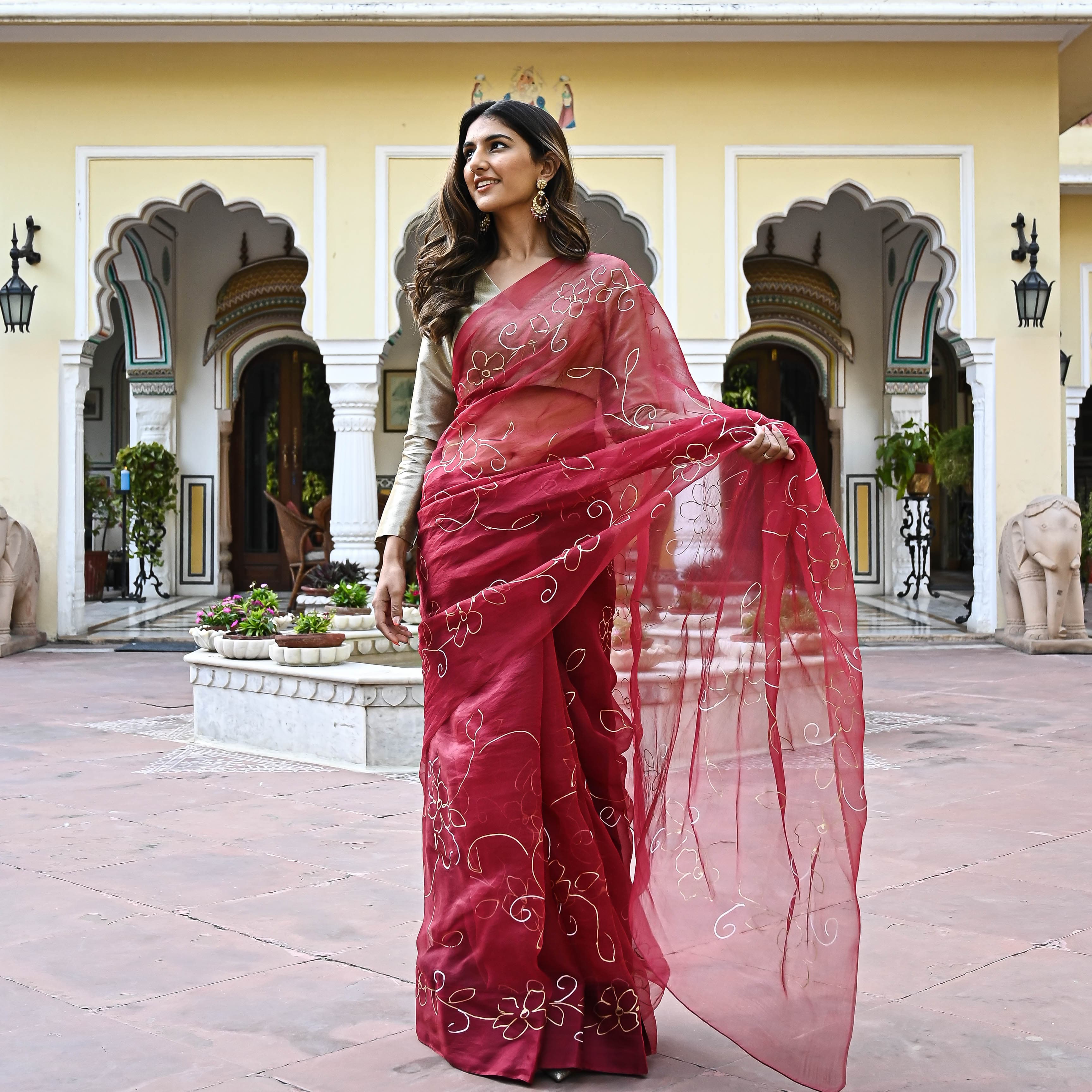  Maroon Silk Floral Organza Saree For Women Online