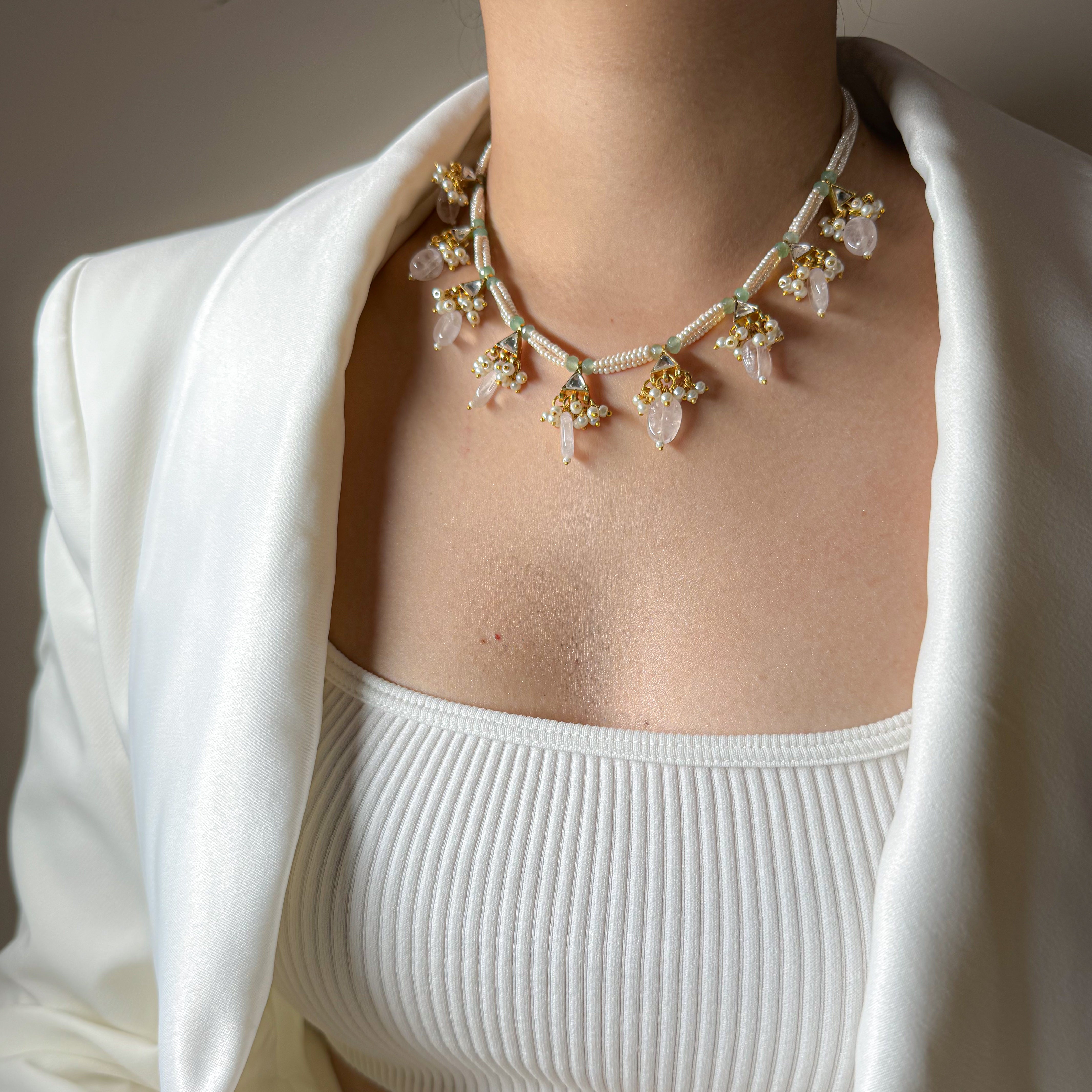 Double Pearl Drop Necklace – Lady in Rose Quartz