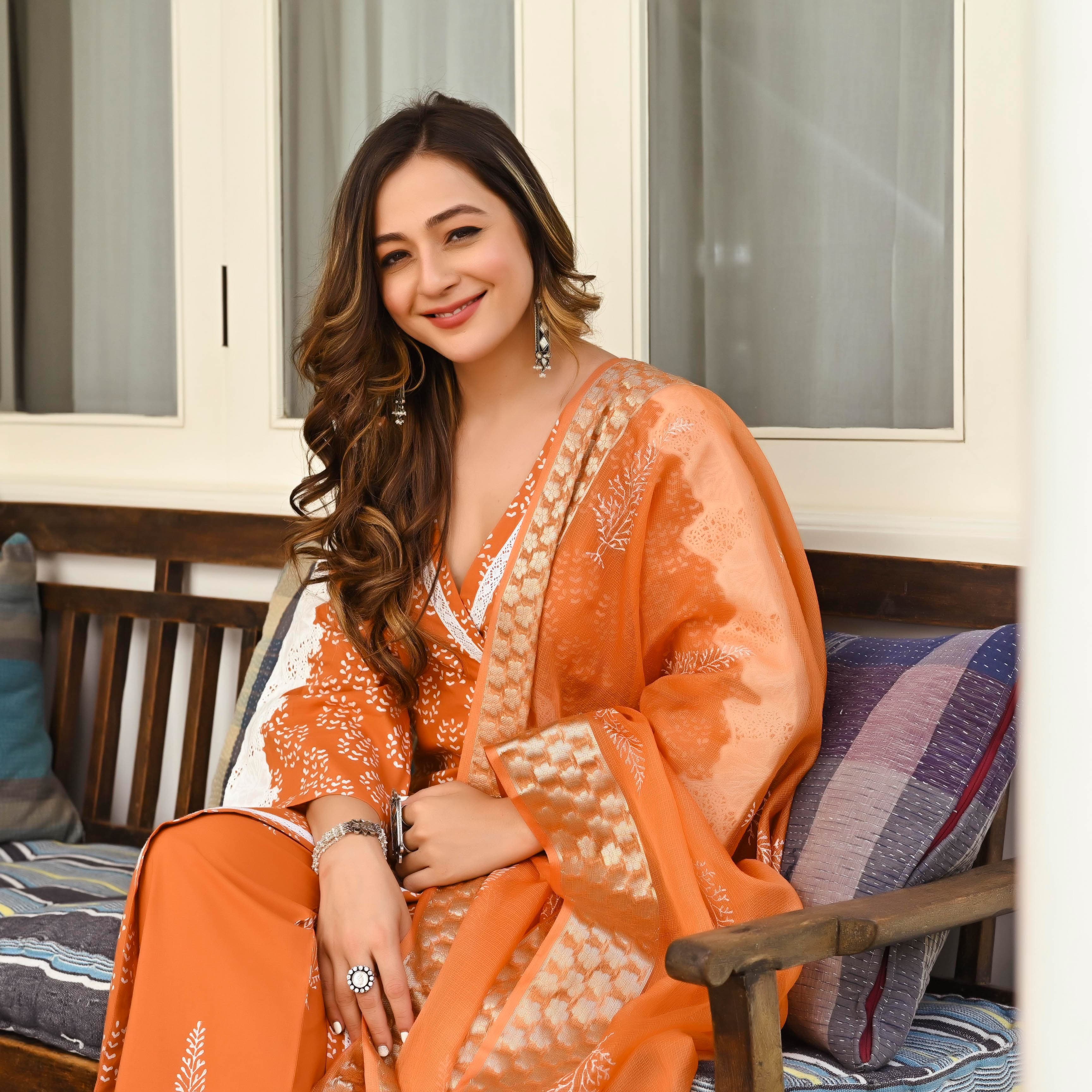 Ananya Orange Embroidered  Cotton Suit Set For Women Online