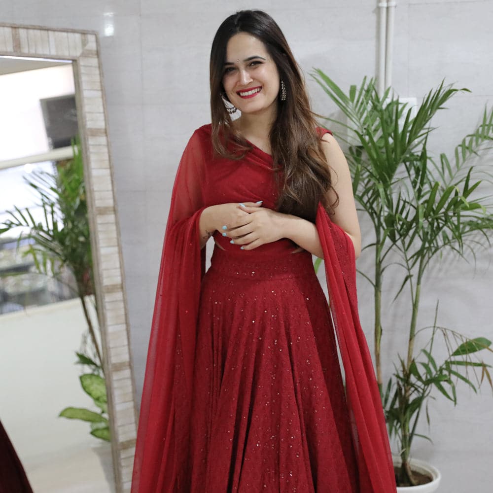 Maroon Chikankari Festive Ethnic Wear Lehenga Set For Women Online