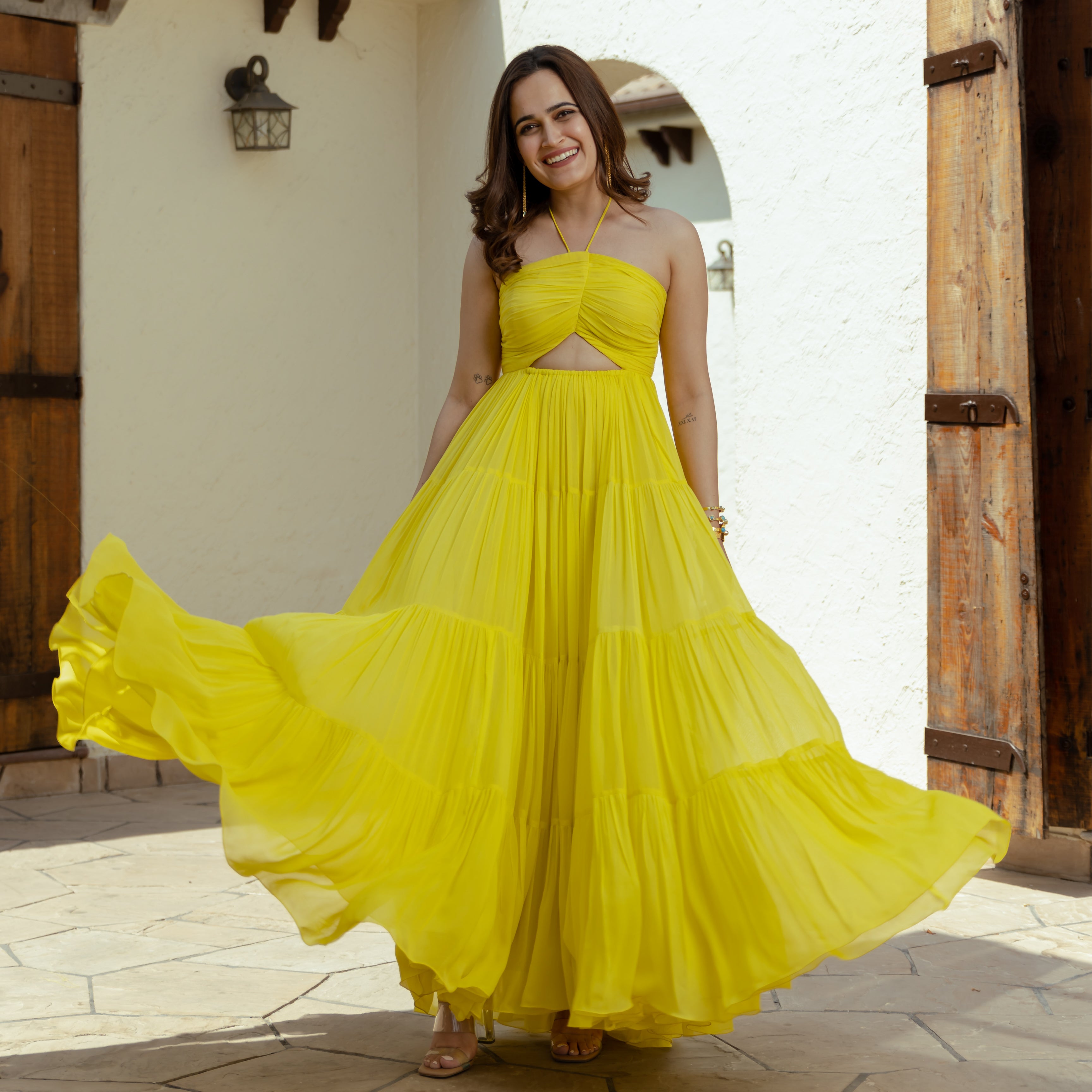 Yellow Tier Halter neck dress for women online