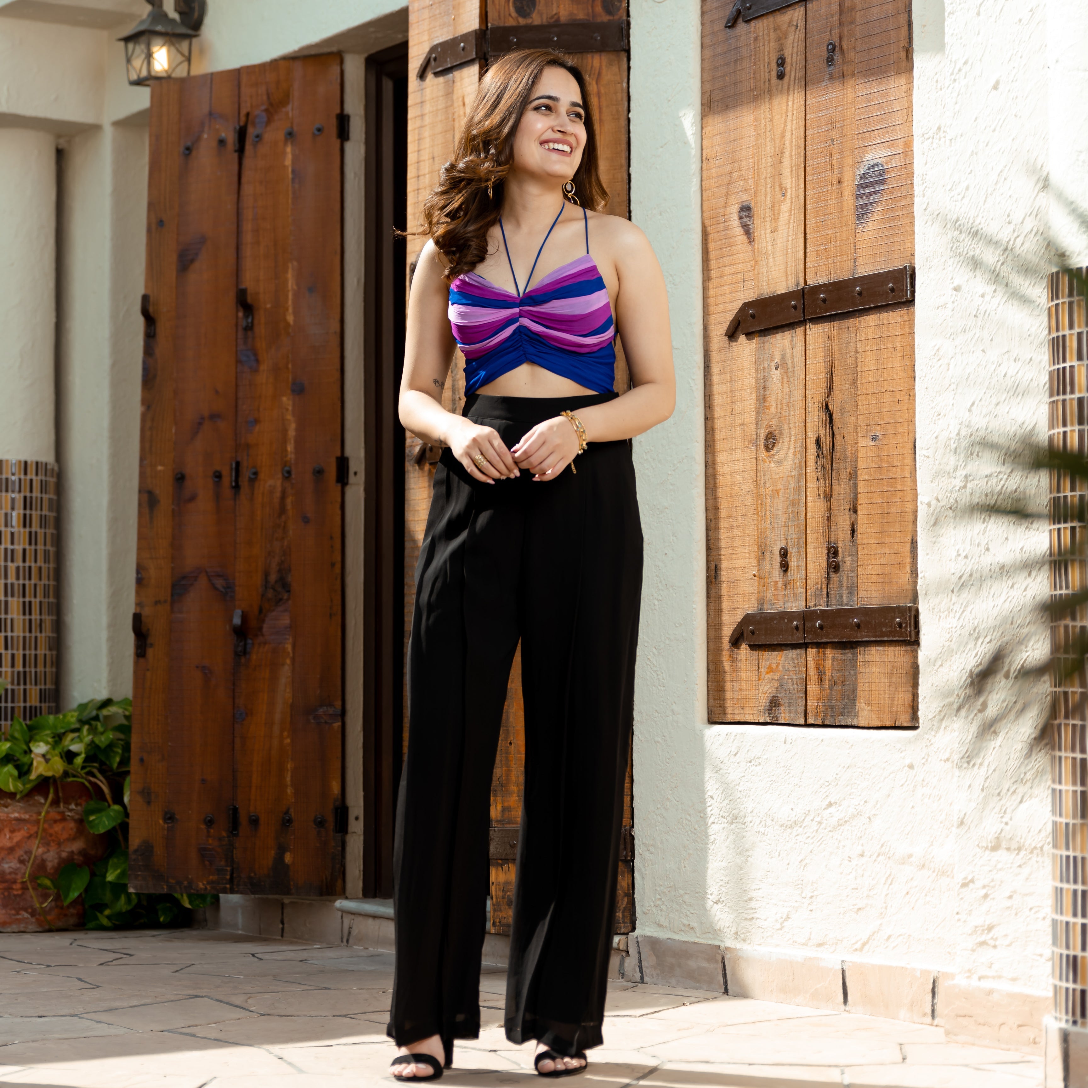 Multi-colour top and black pants for women online