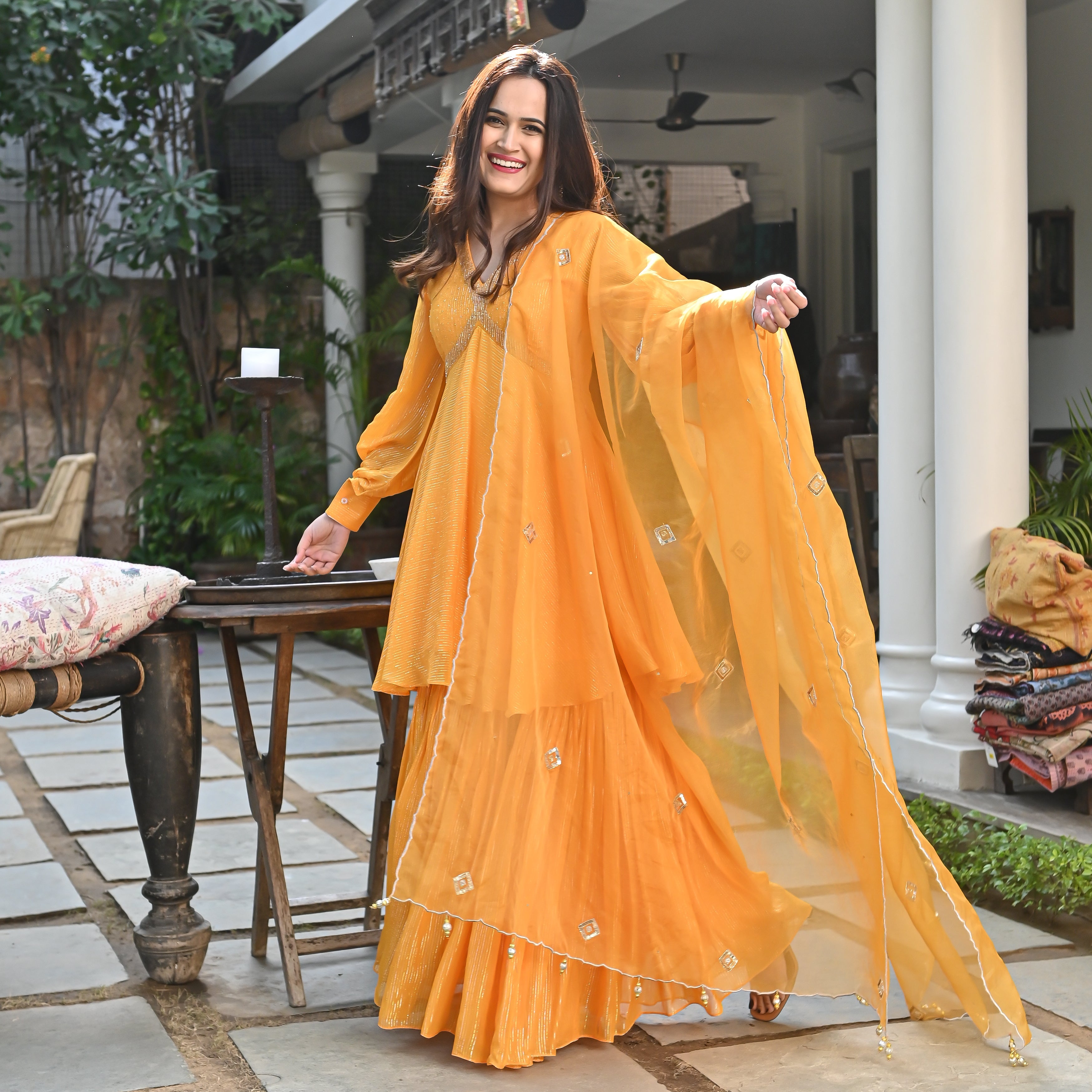 Genda Yellow Designer Traditional Lurex Suit Set For Women Online