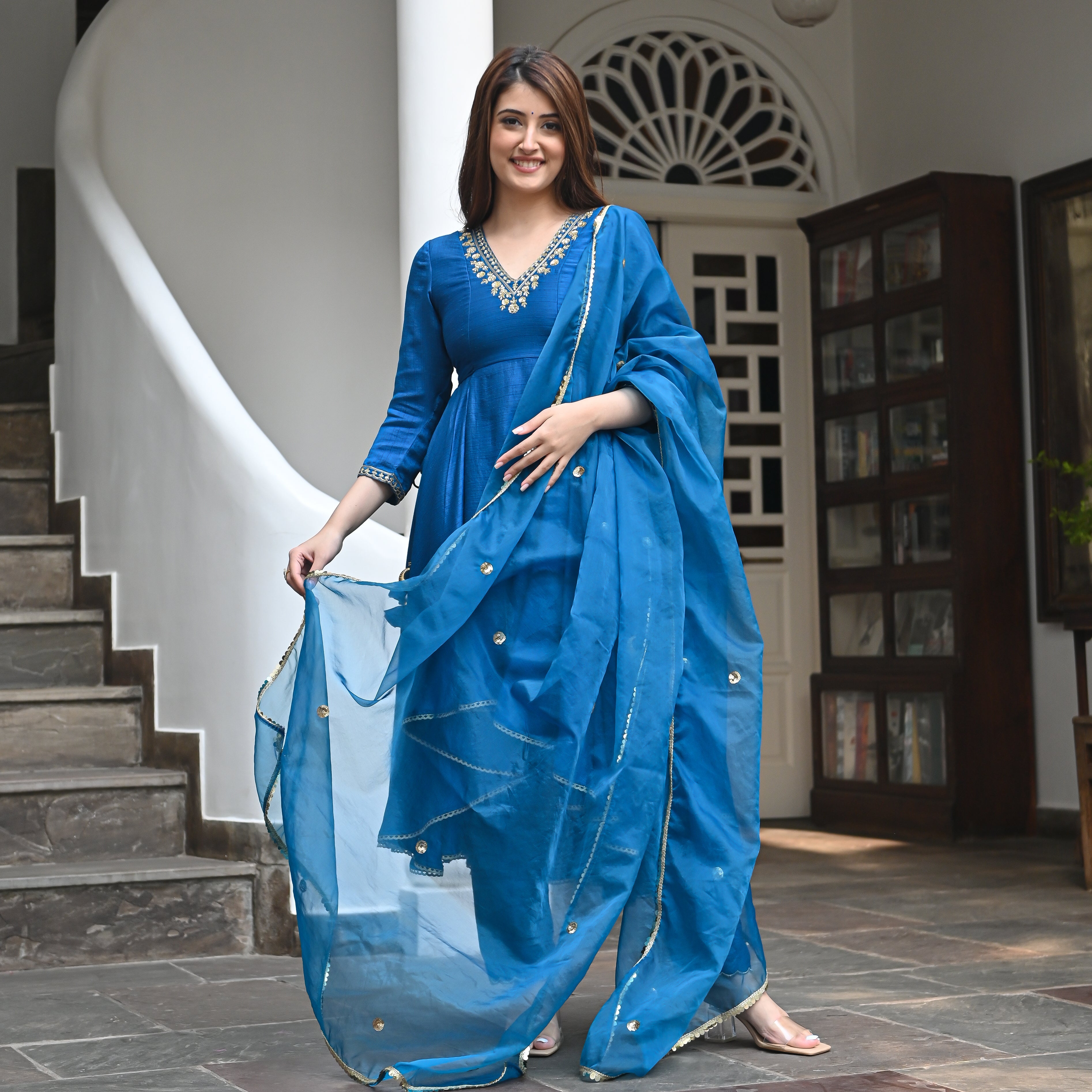  Aram Banu Blue Designer Straight Salwar Suit Set For Women Online