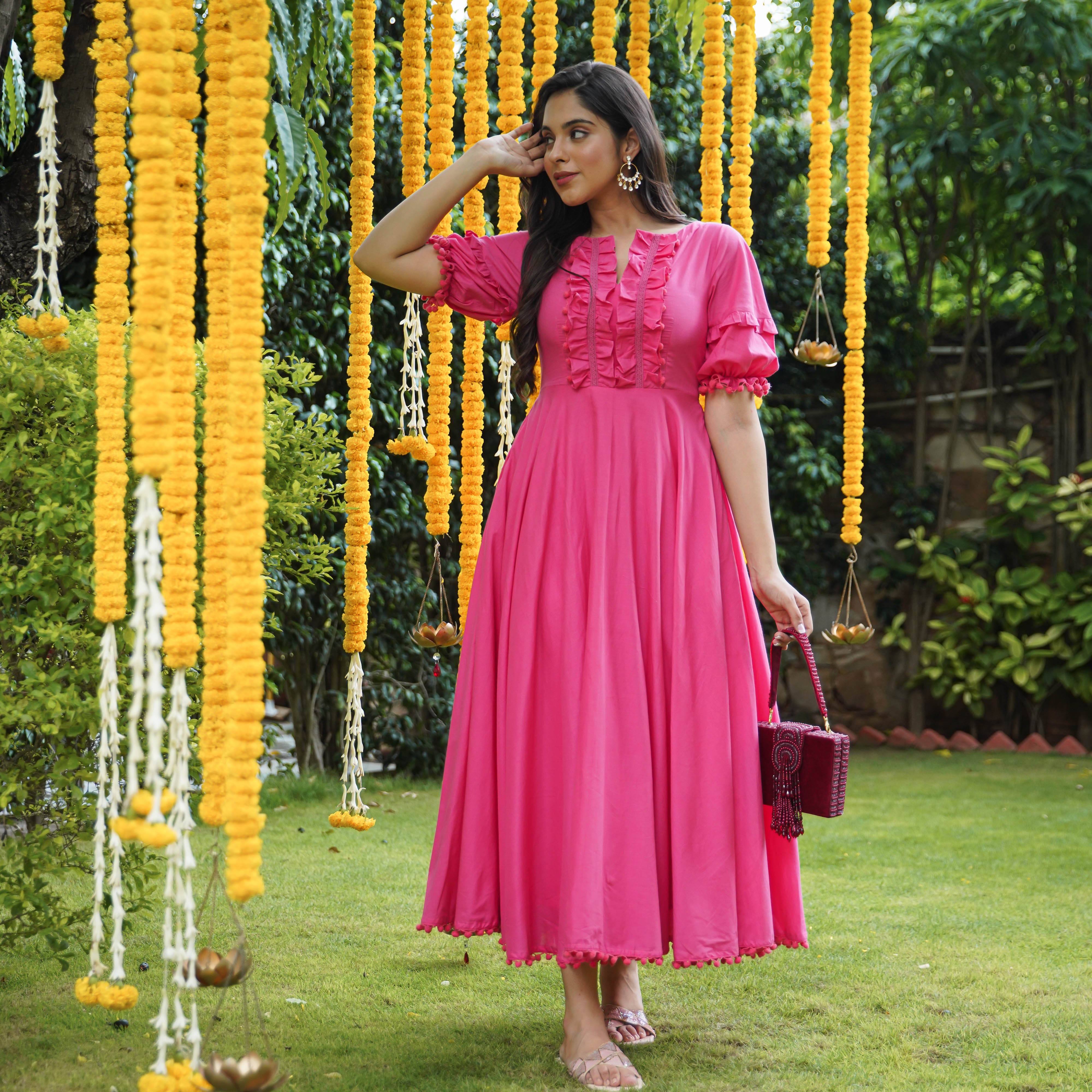 Buy Bunaai Eliza Pink Cotton Maxi Dress For Women Online