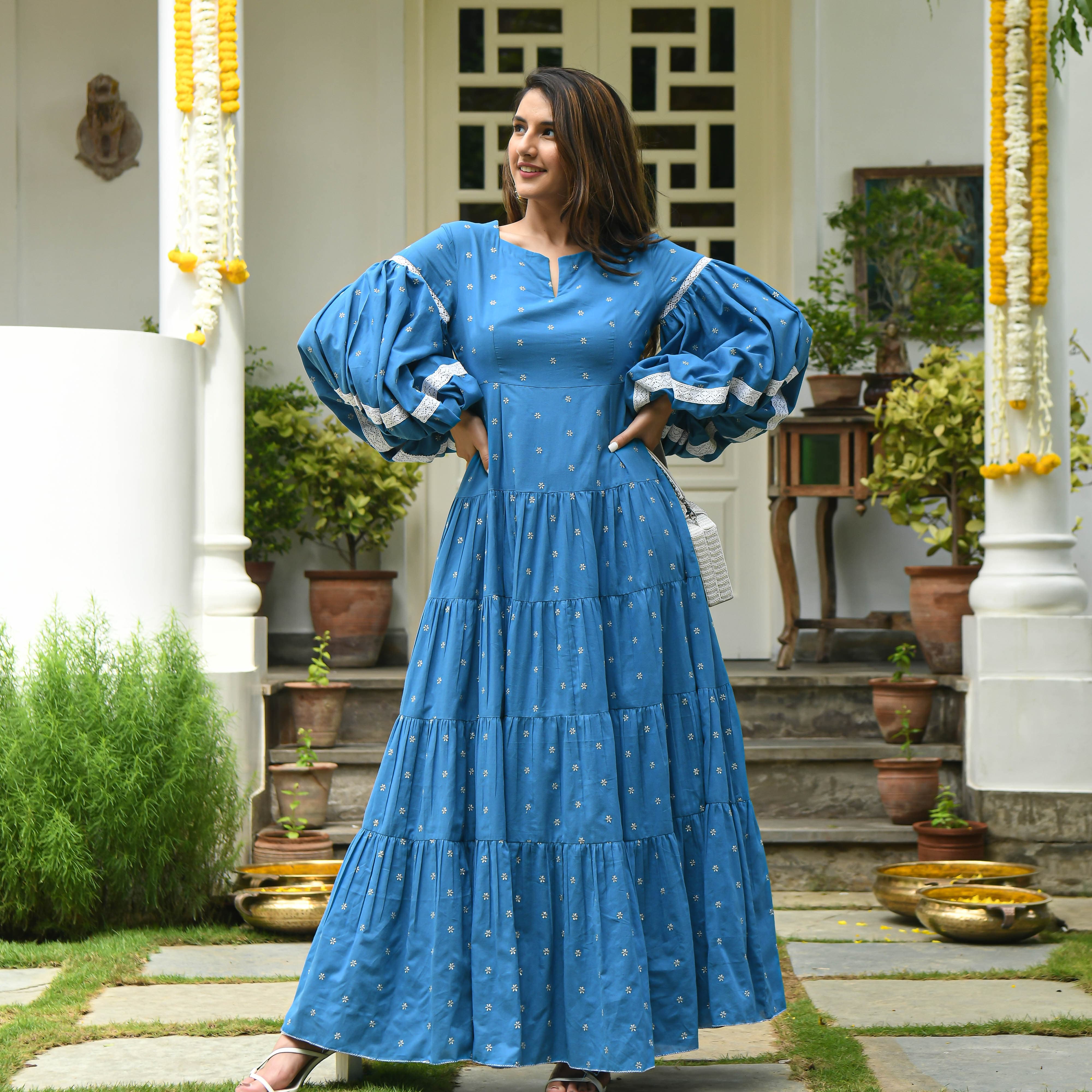  Mahi Blue Embroidered Cotton Dress For Women Online