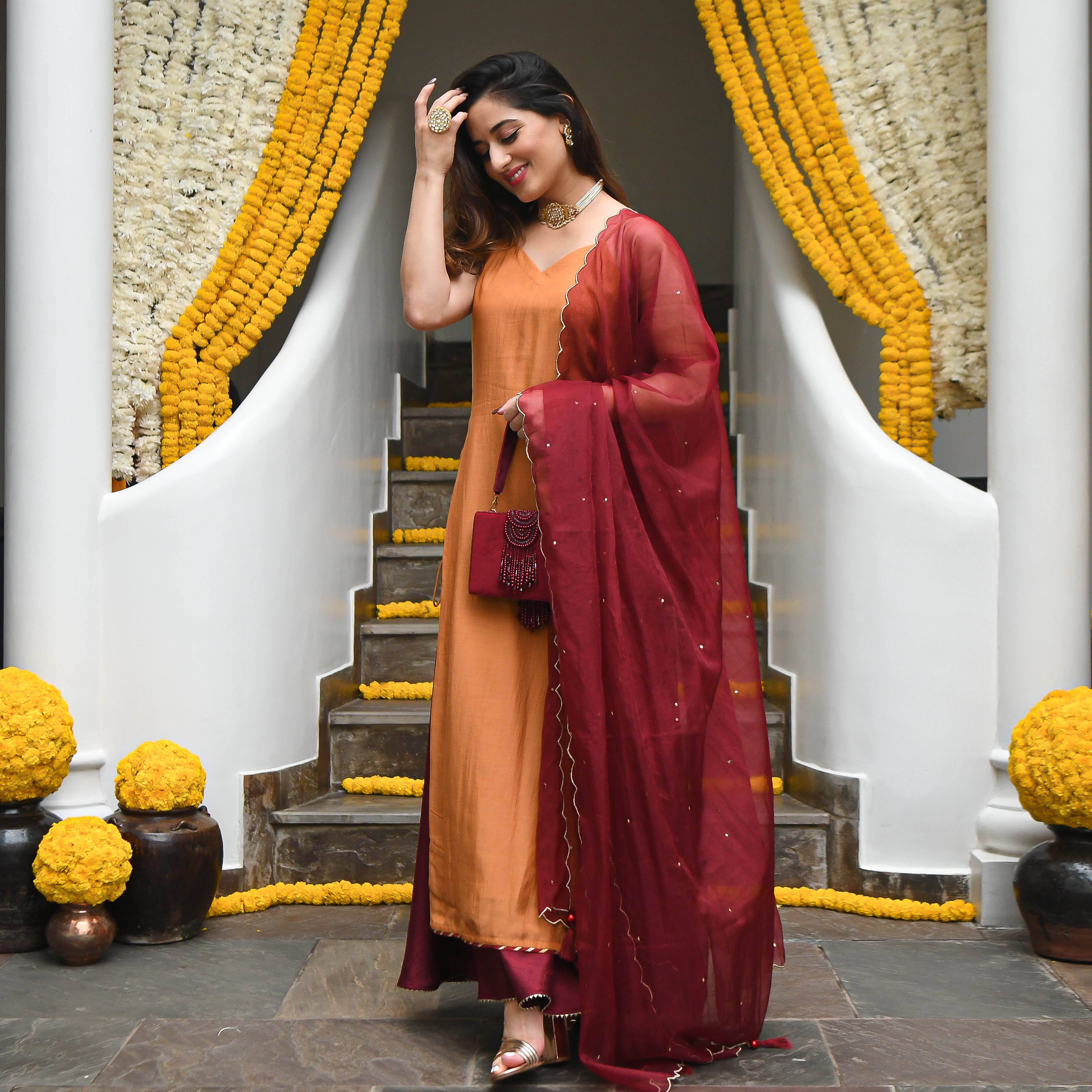 Kashish Yellow Red Traditional Cotton Suit Set For Women Online