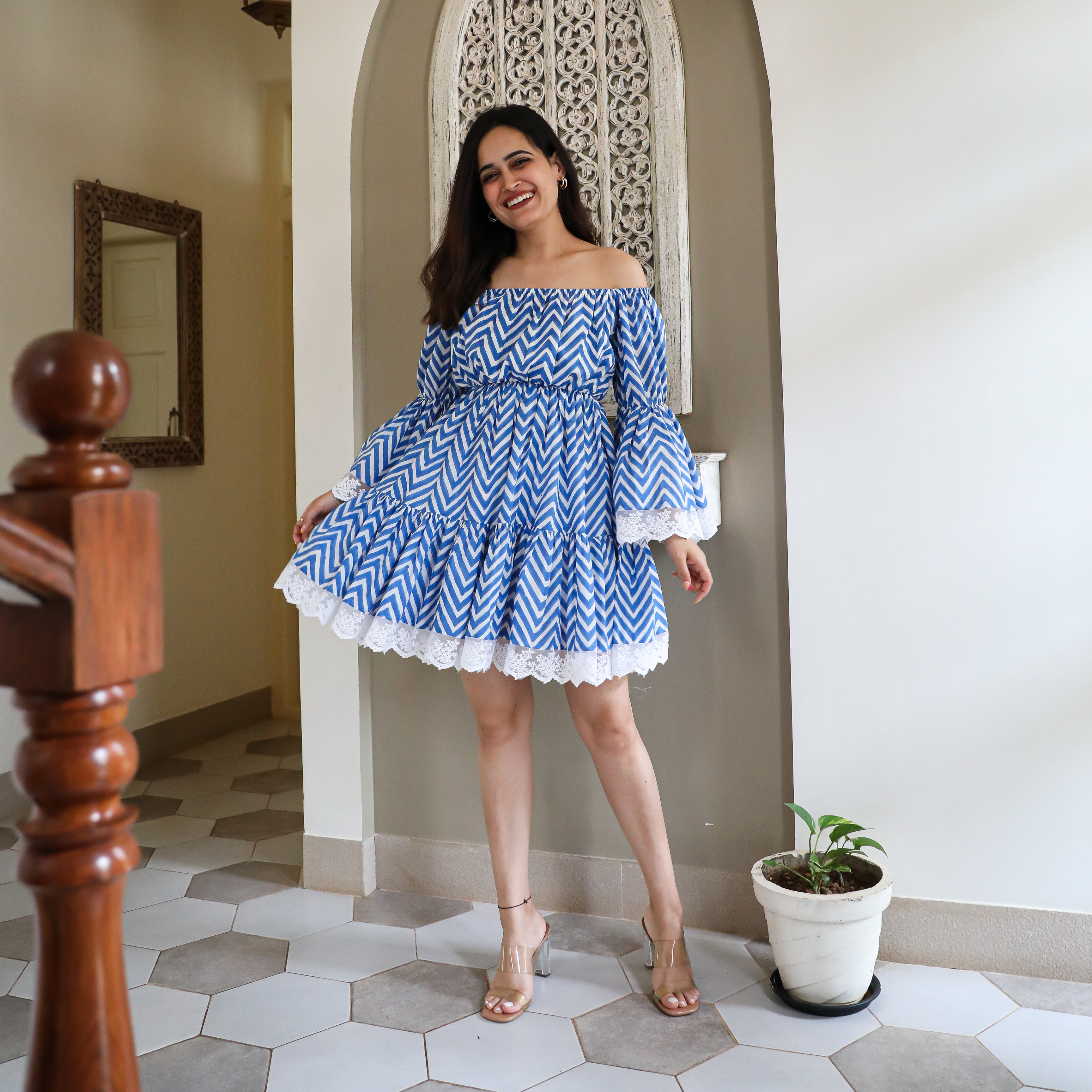 Blue Printed Cotton Short Dress