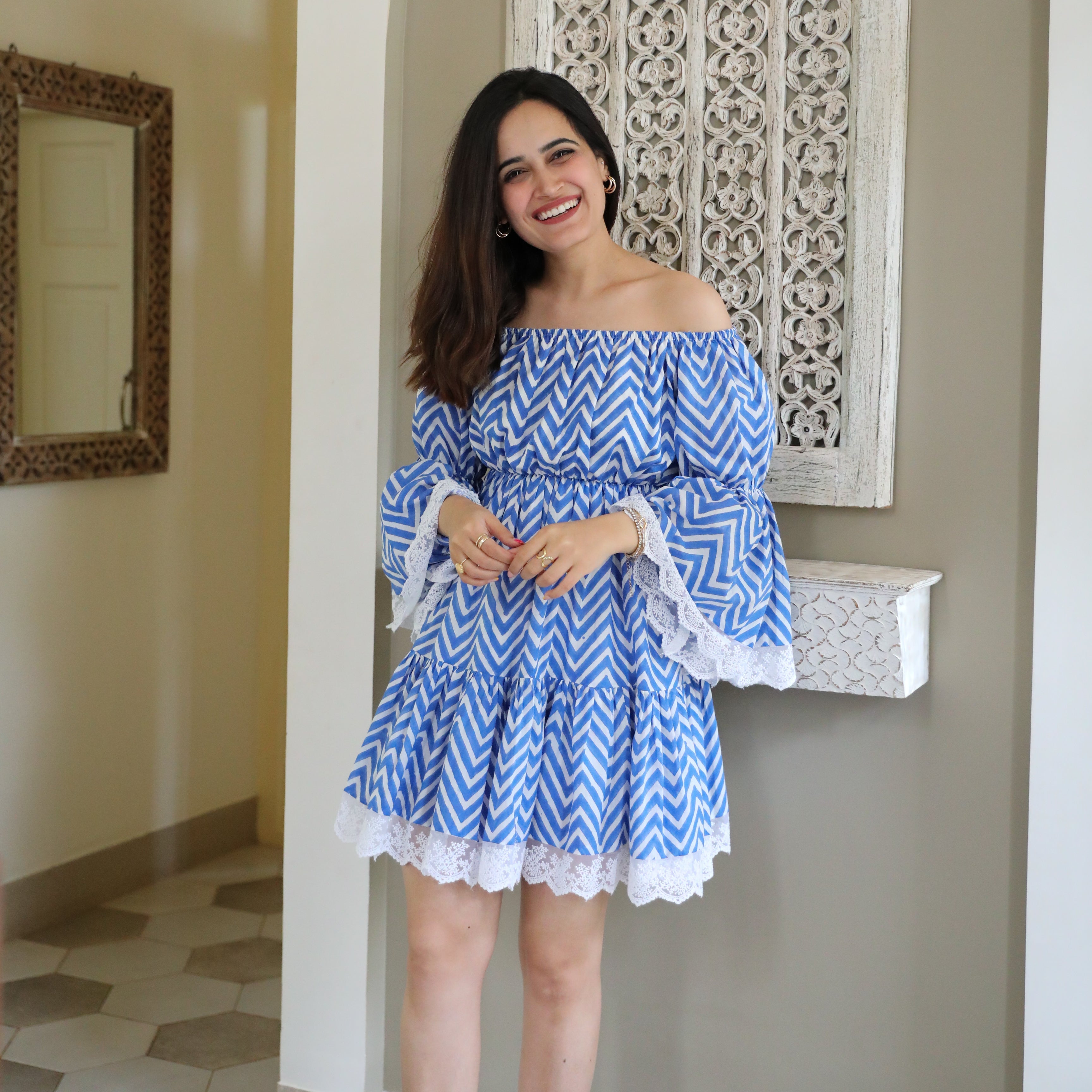 Blue Printed Cotton Short Dress
