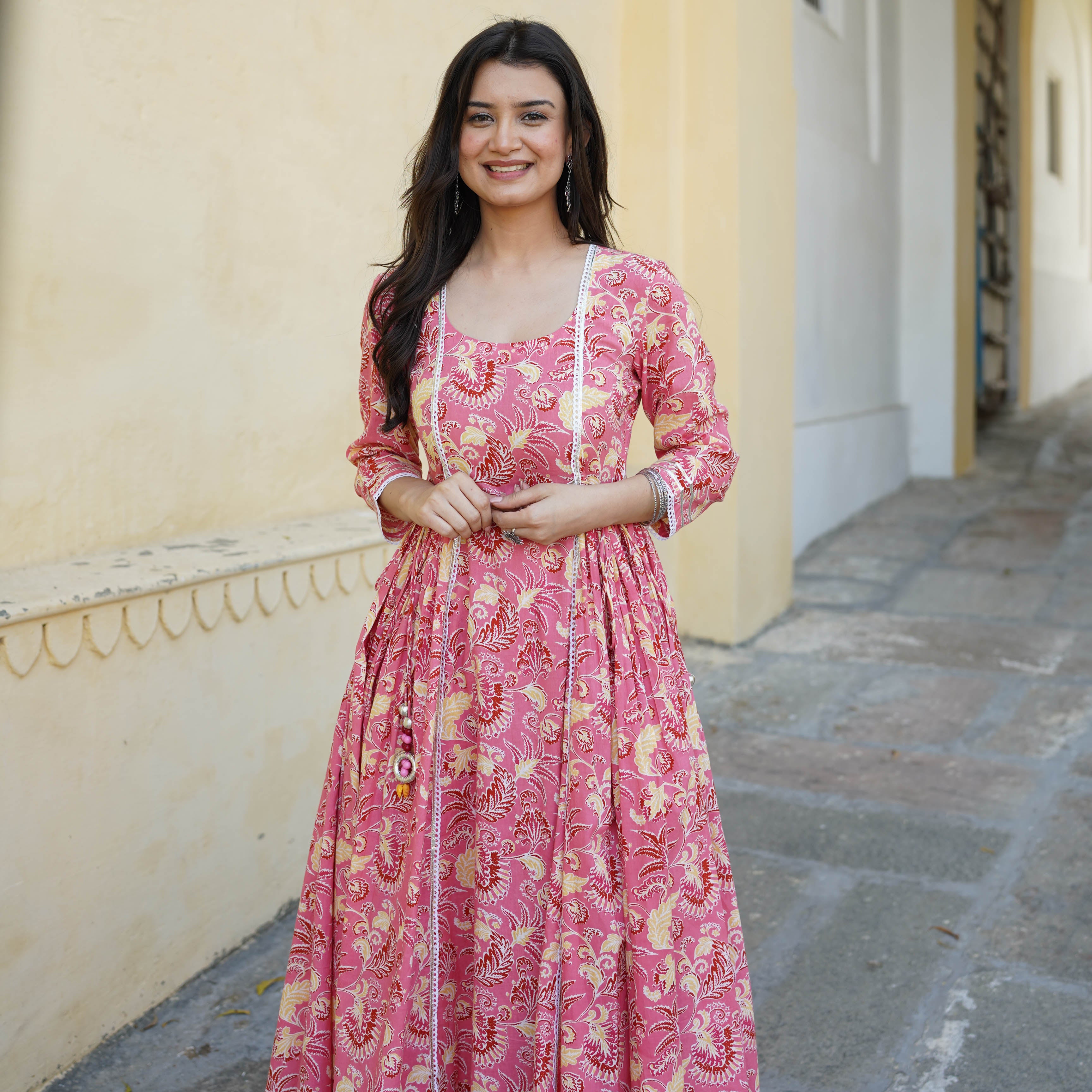 Pink Yellow Allover Cotton Traditional Kurti Set For Women Online