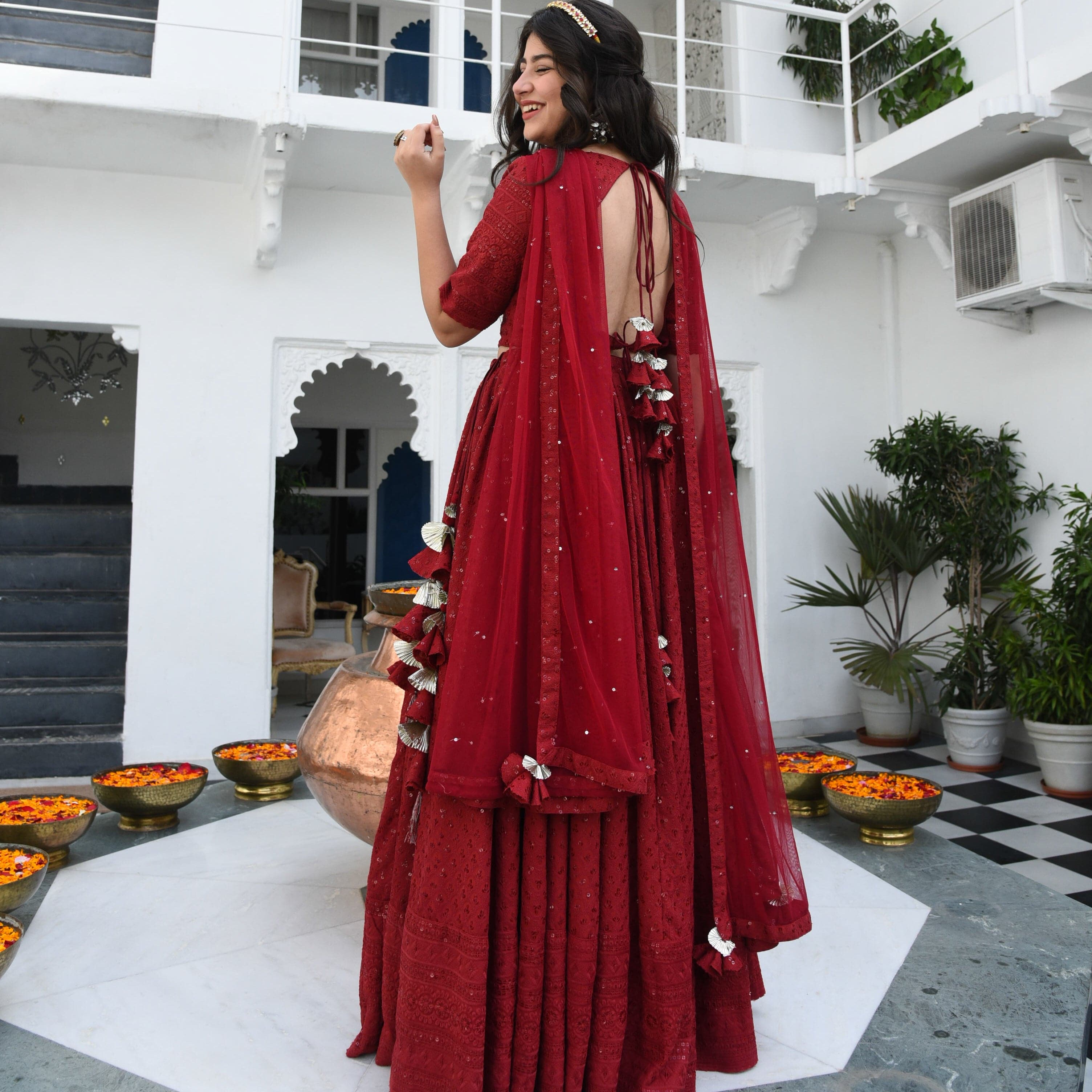 Haute Maroon Designer Chikankari Lehenga For Women Online