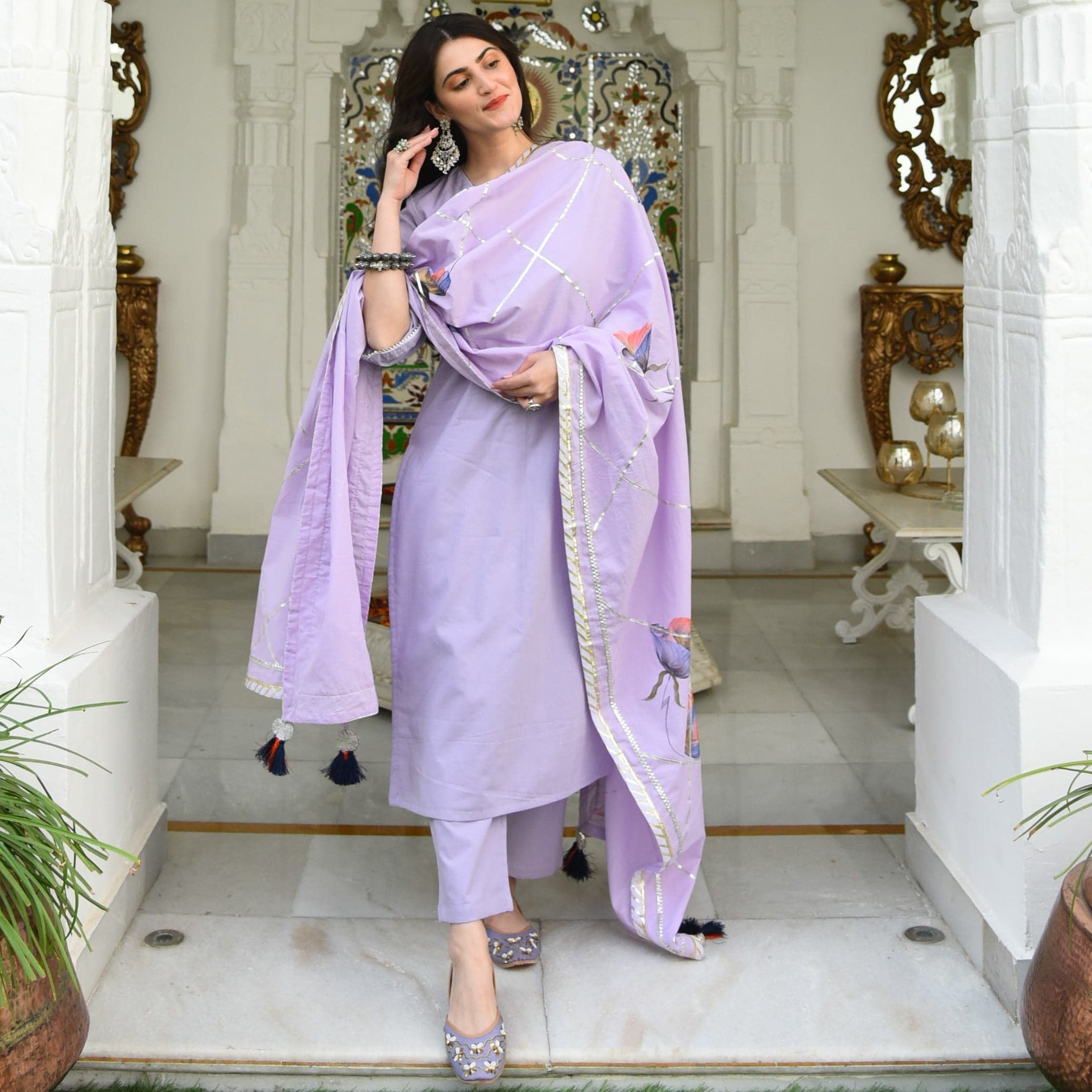 Lilac Handpainted Dupatta Suit Set (Set of 3)