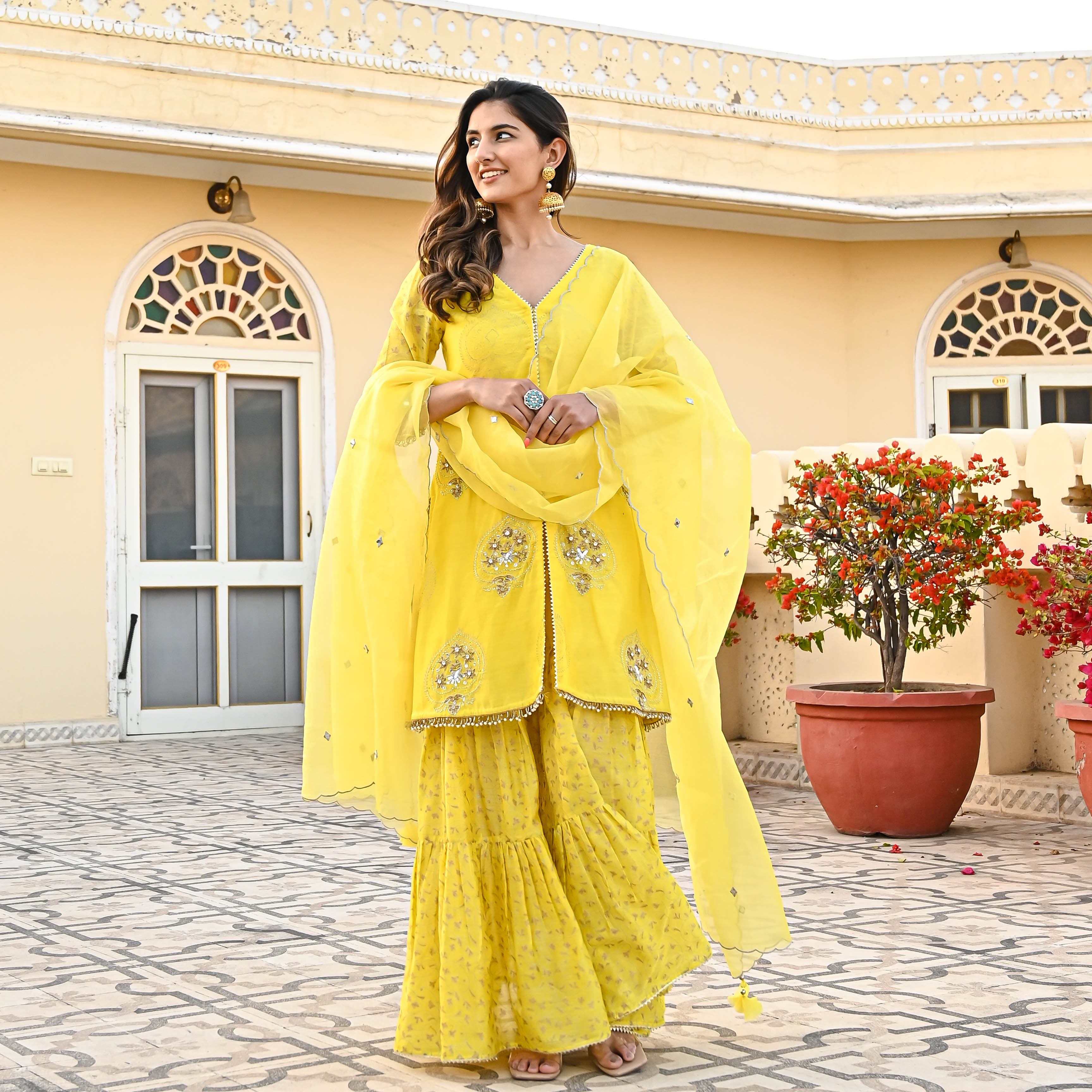 Straight Pant Suit in Yellow model Chanderi with Embroidered  SK14048