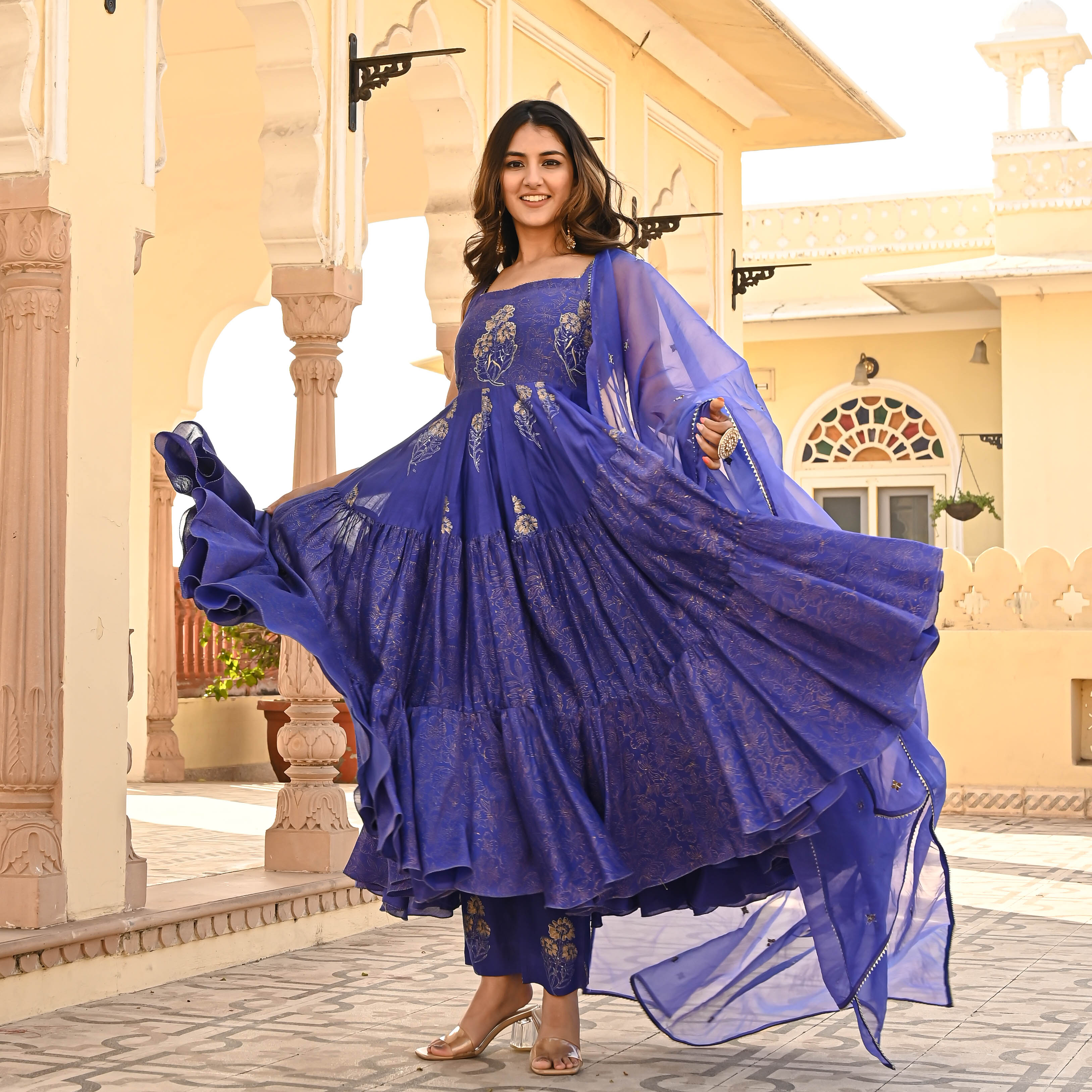 Purple Chanderi Aanarkali Kurta With Pant & Dupatta