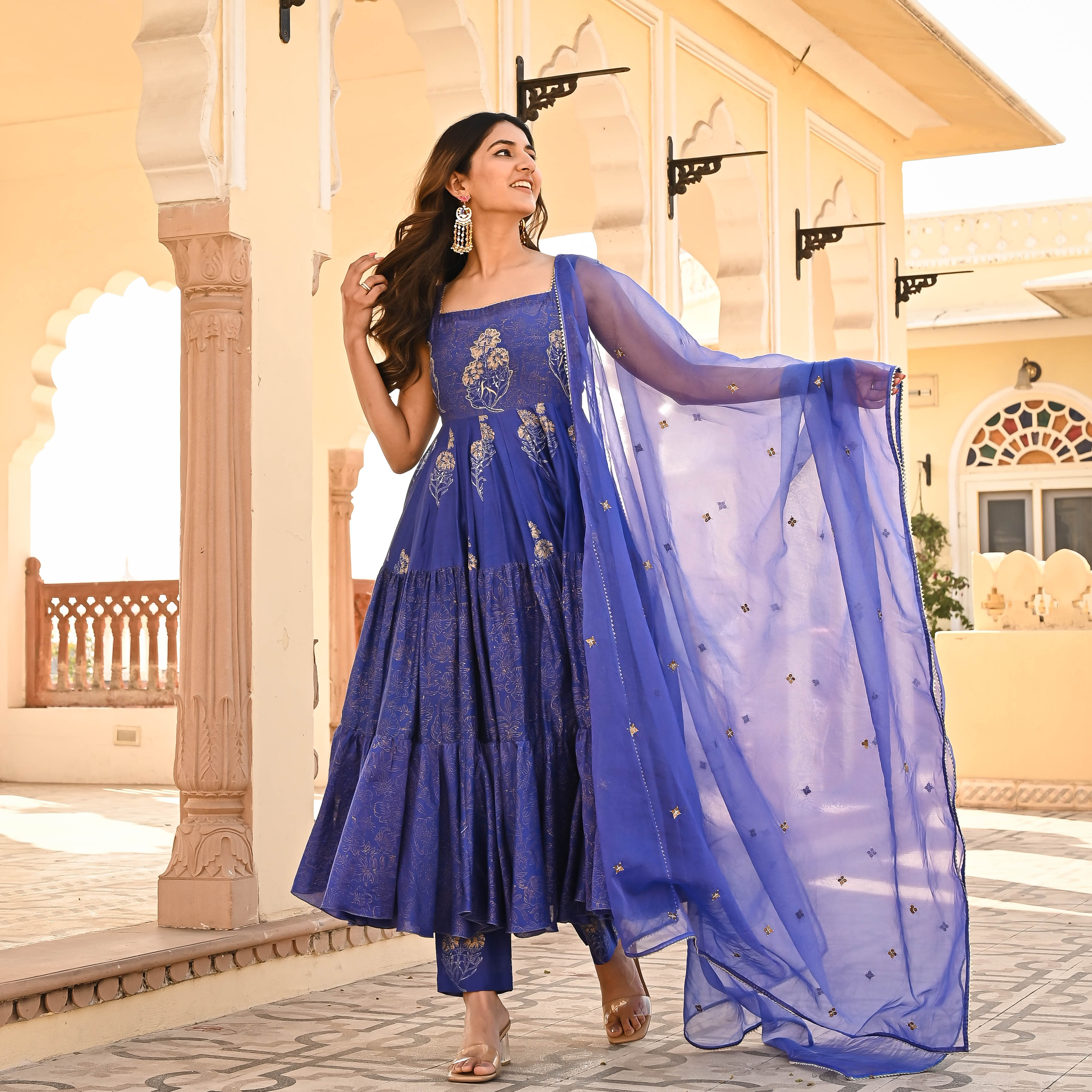 Purple Chanderi Aanarkali Kurta With Pant & Dupatta