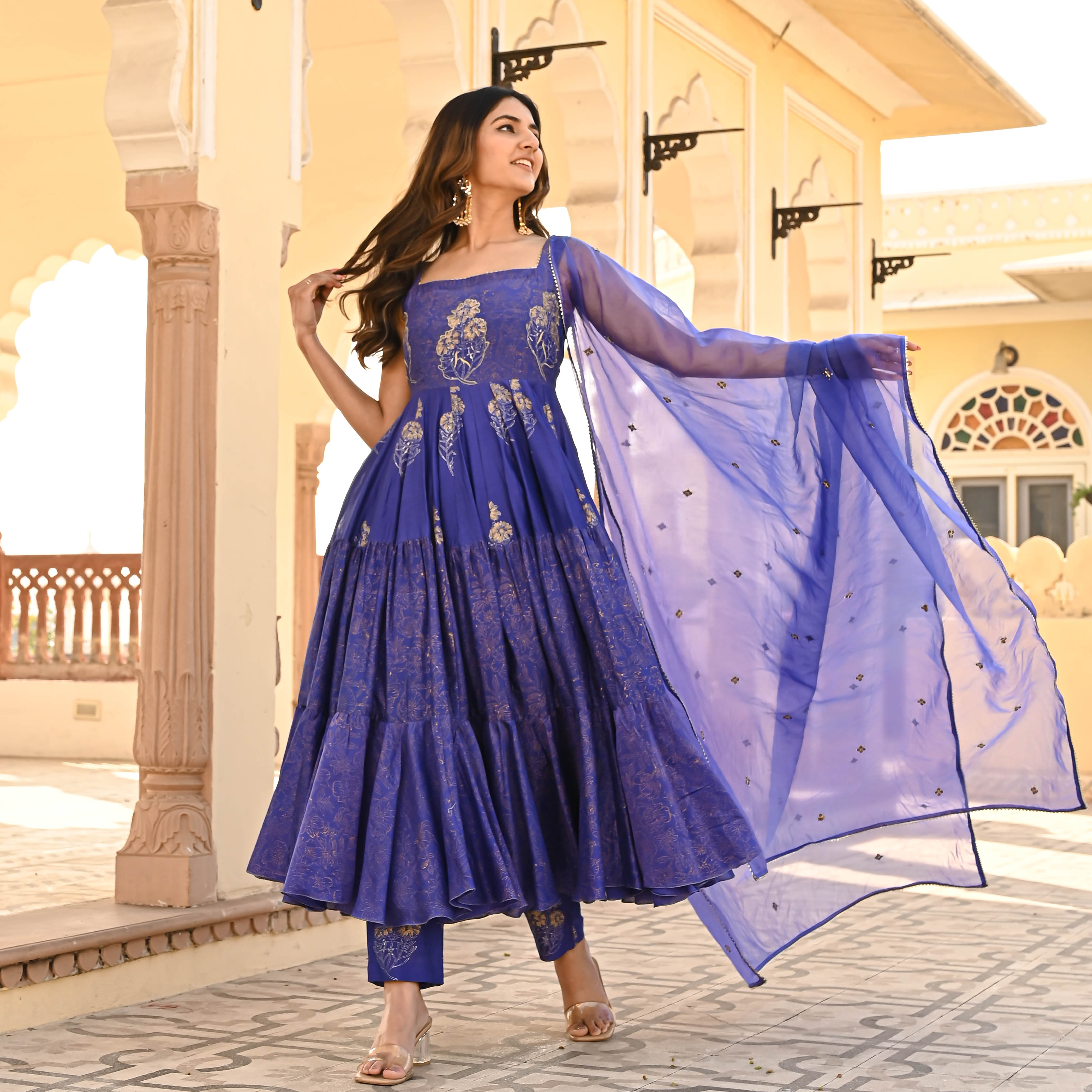Purple Chanderi Aanarkali Kurta With Pant & Dupatta