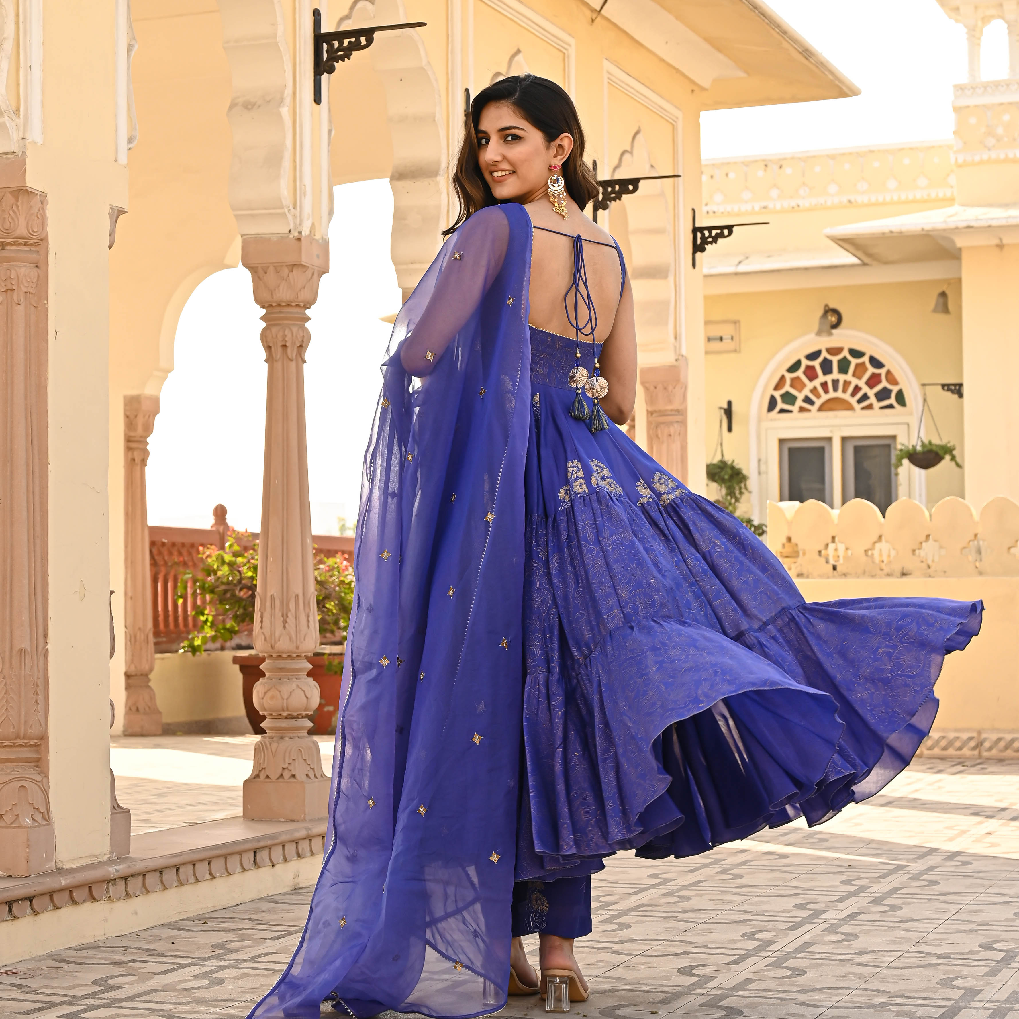 Purple Chanderi Aanarkali Kurta With Pant & Dupatta