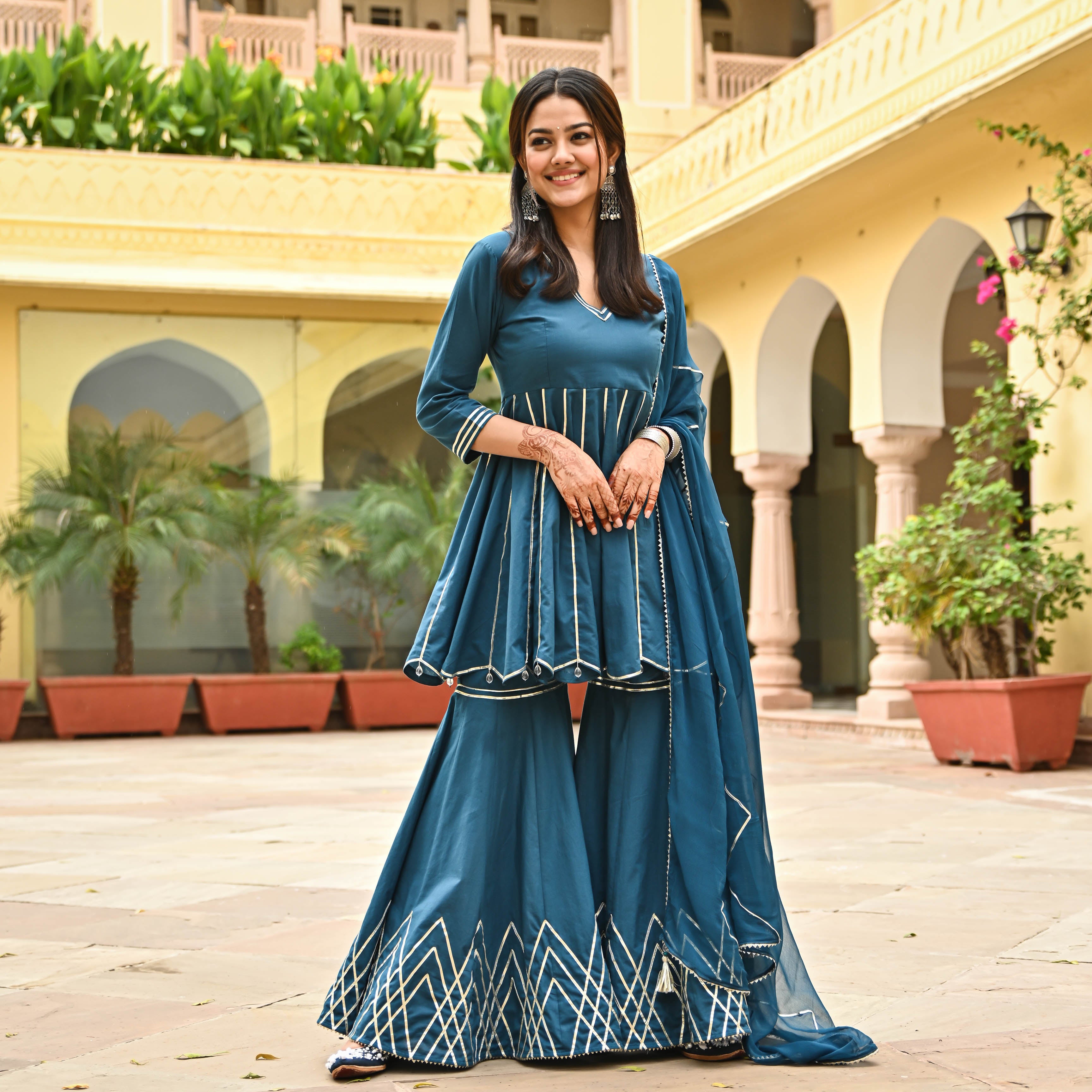 Cotton Blue Short Anarkali and Gharara with Gota work 