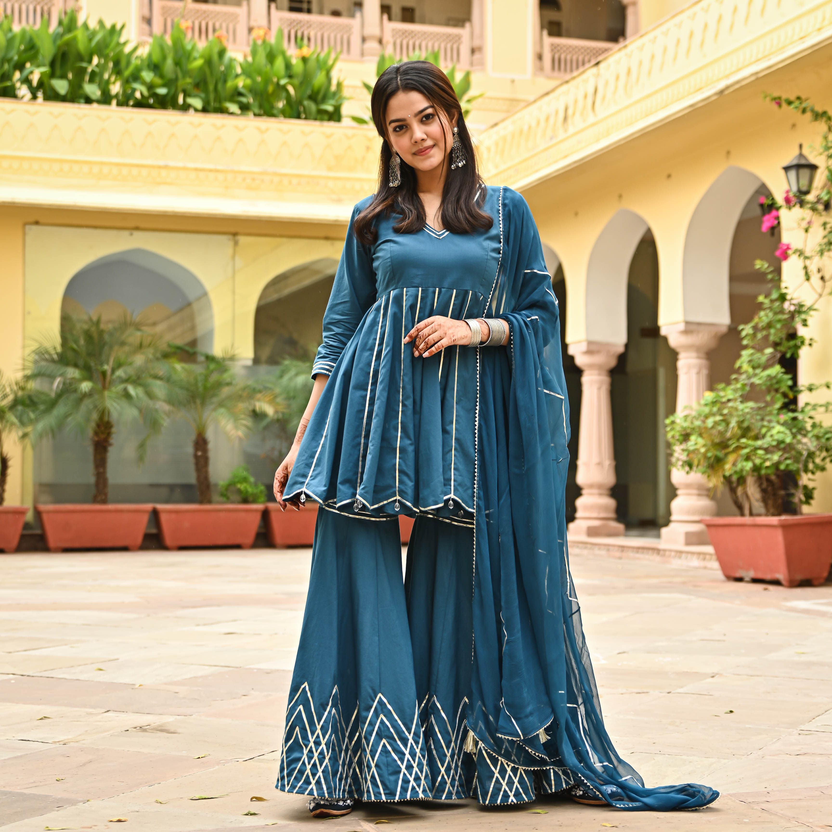 Cotton Blue Short Anarkali and Gharara with Gota work 