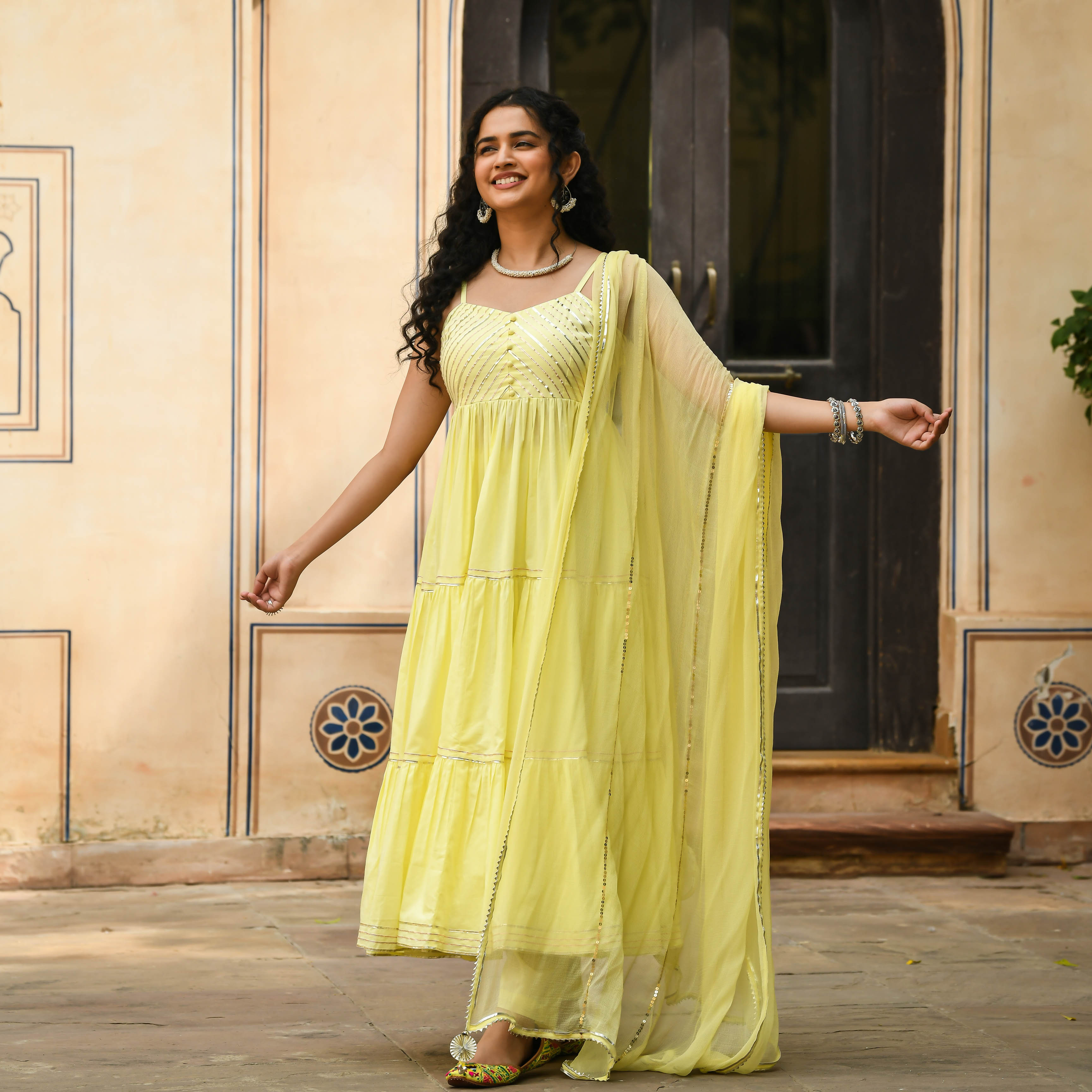 Yellow Tiered Anarkali Suit Set with Gotta work