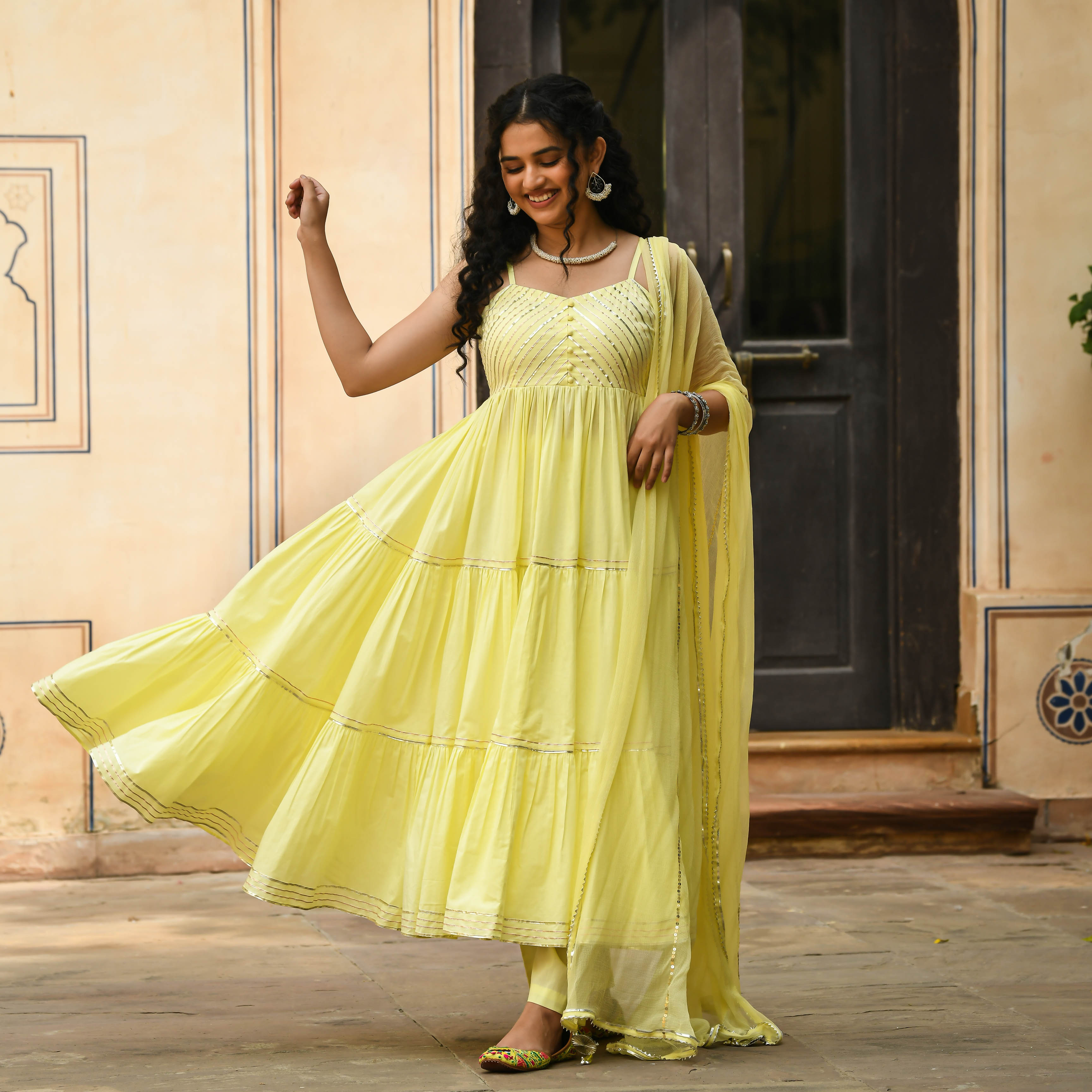 Light Yellow Anarkali Kurta Set With Dupatta For Women Online